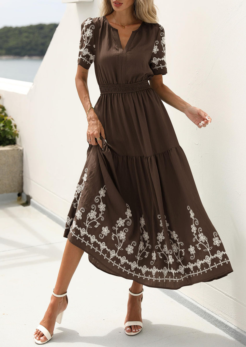 PRETTYGARDEN Women's Summer Boho Maxi Dress Spring Floral Short Sleeve V Neck A Line Flowy Beach Wedding Guest Dresses