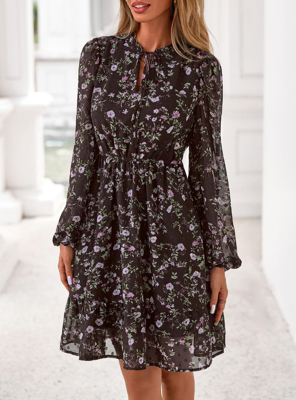 PRETTYGARDEN Women's Fall Boho Dresses  Floral Long Sleeve V Neck Mini Flowy Wedding Guest Dress Trendy Vacation Outfits
