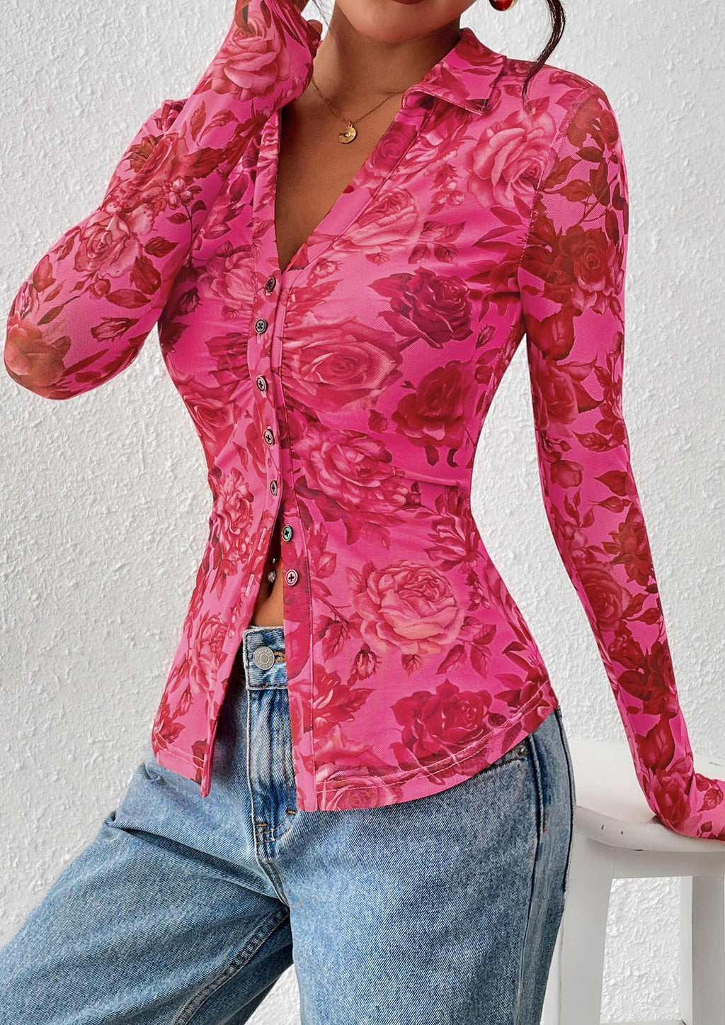PRETTYGARDEN Women Button Down Floral Shirts Fall Trendy Long Sleeve V Neck Mesh Boho Blouse Spring Tops Date Outfits
