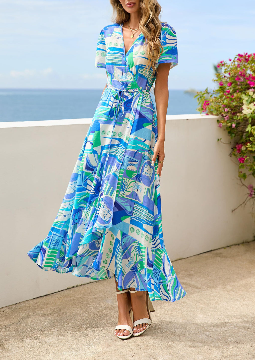 PRETTYGARDEN Women's Summer Maxi Dress Casual Wrap Floral Boho Short Sleeve V Neck Split Ruffle Beach Long Dresses