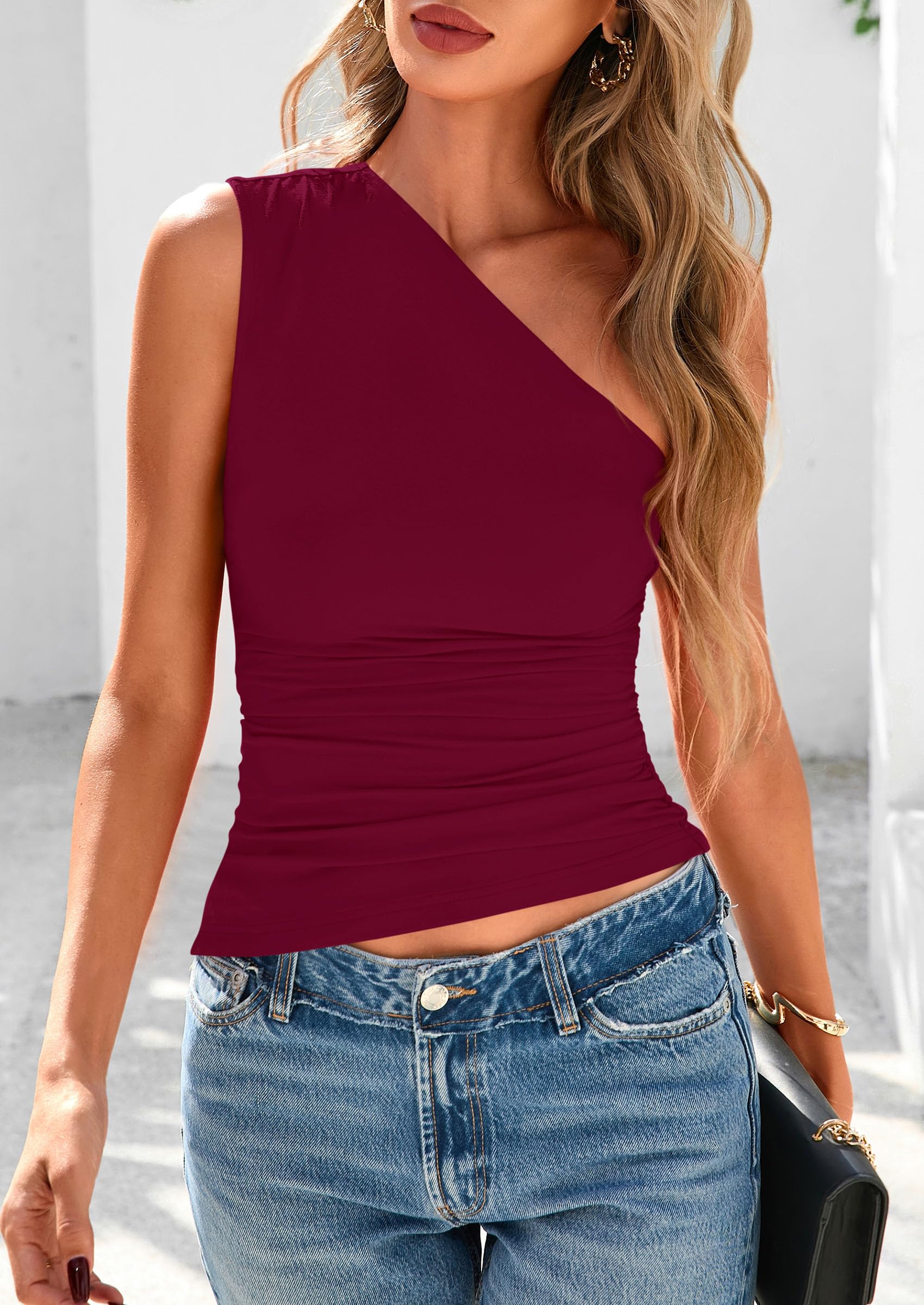 PRETTYGARDEN Womens  Summer Y2K Tops Sleeveless One Shoulder Slim Fit Shirts Ruched Knit Asymmetrical Top Blouse