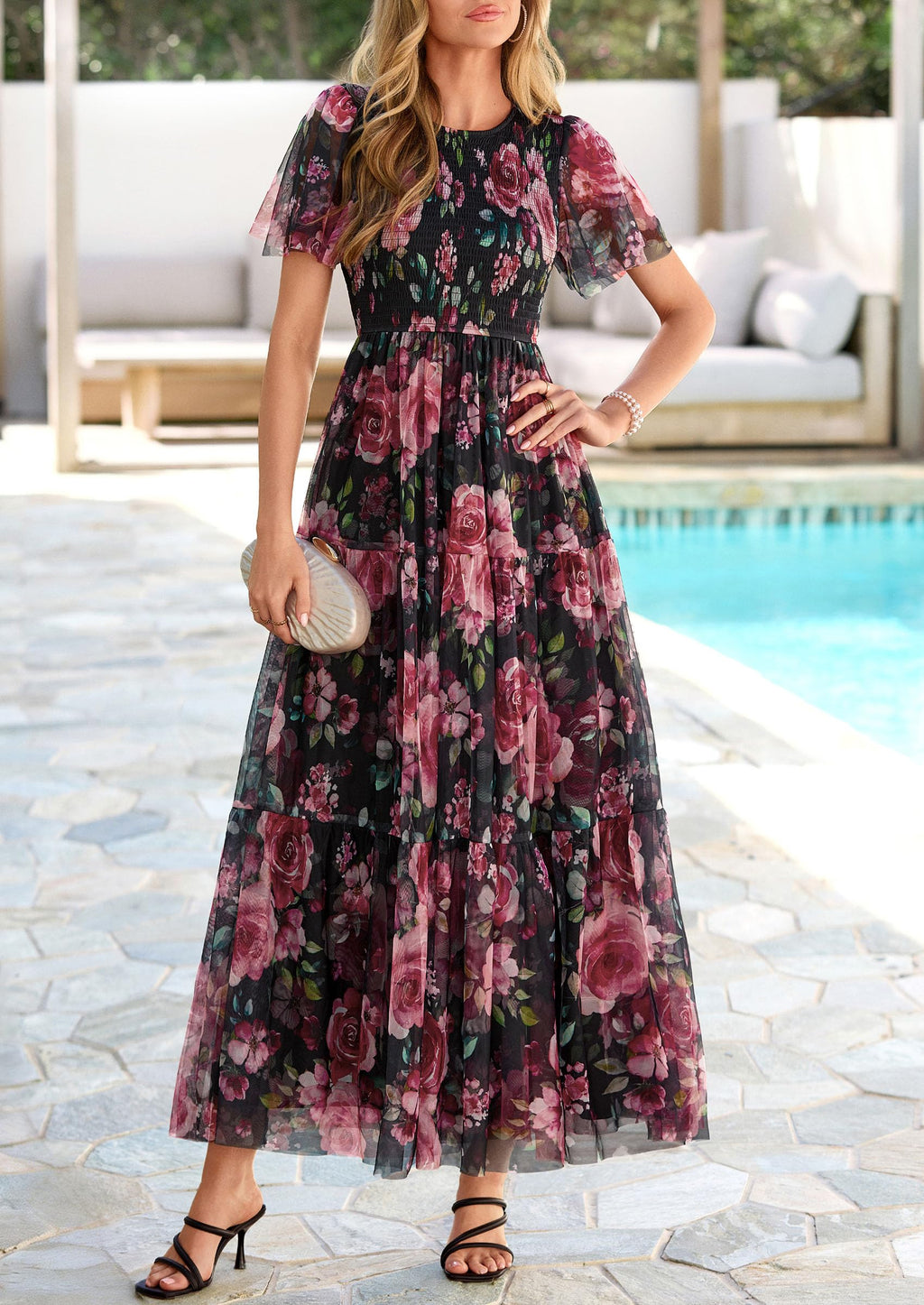 PRETTYGARDEN Tulle Floral Dress Women Summer Wedding Guest  Spring Short Sleeve Maxi Smocked Flowy Beach Party Dresses