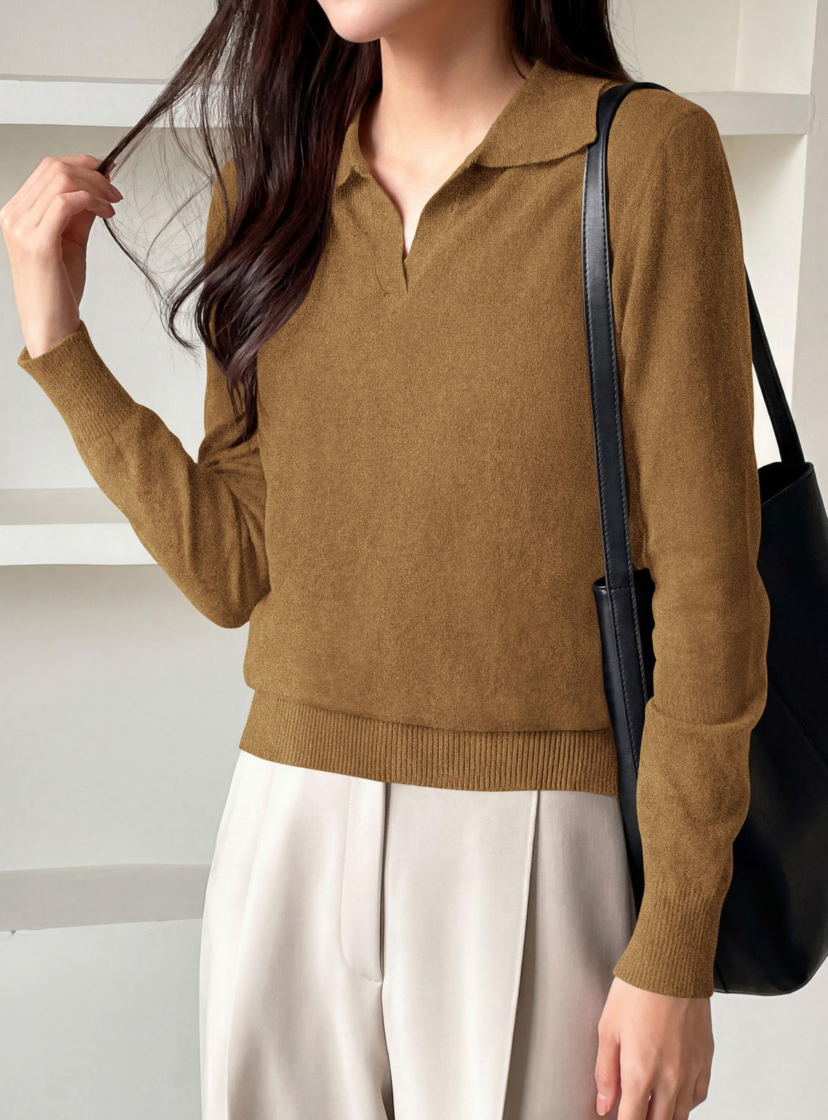 PRETTYGARDEN Womens Long Sleeve Collared Polo Sweater | Breathable Soft Ribbed Knit, Lapel V Neck Pullover Sweaters, Business Casual Work Office Tops, 2026 Trendy Fall Outfits