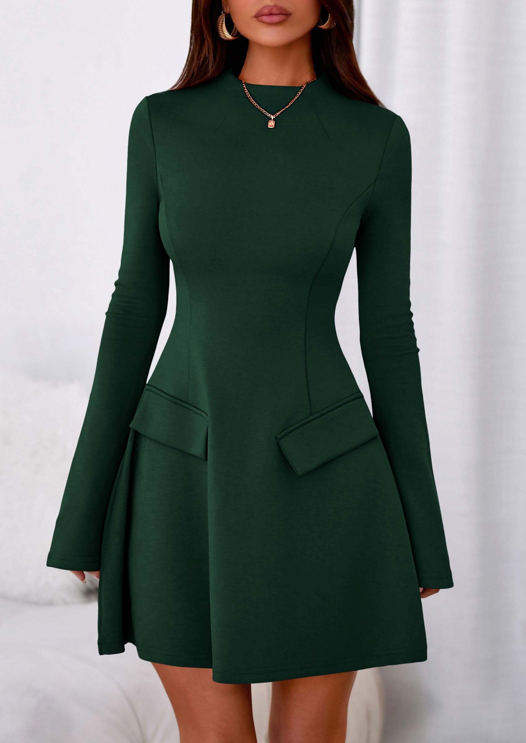 PRETTYGARDEN Women's Elegant Holiday Short Dress  Fall Bell Long Sleeve Mock Neck Work Business Casual Party Mini Dress