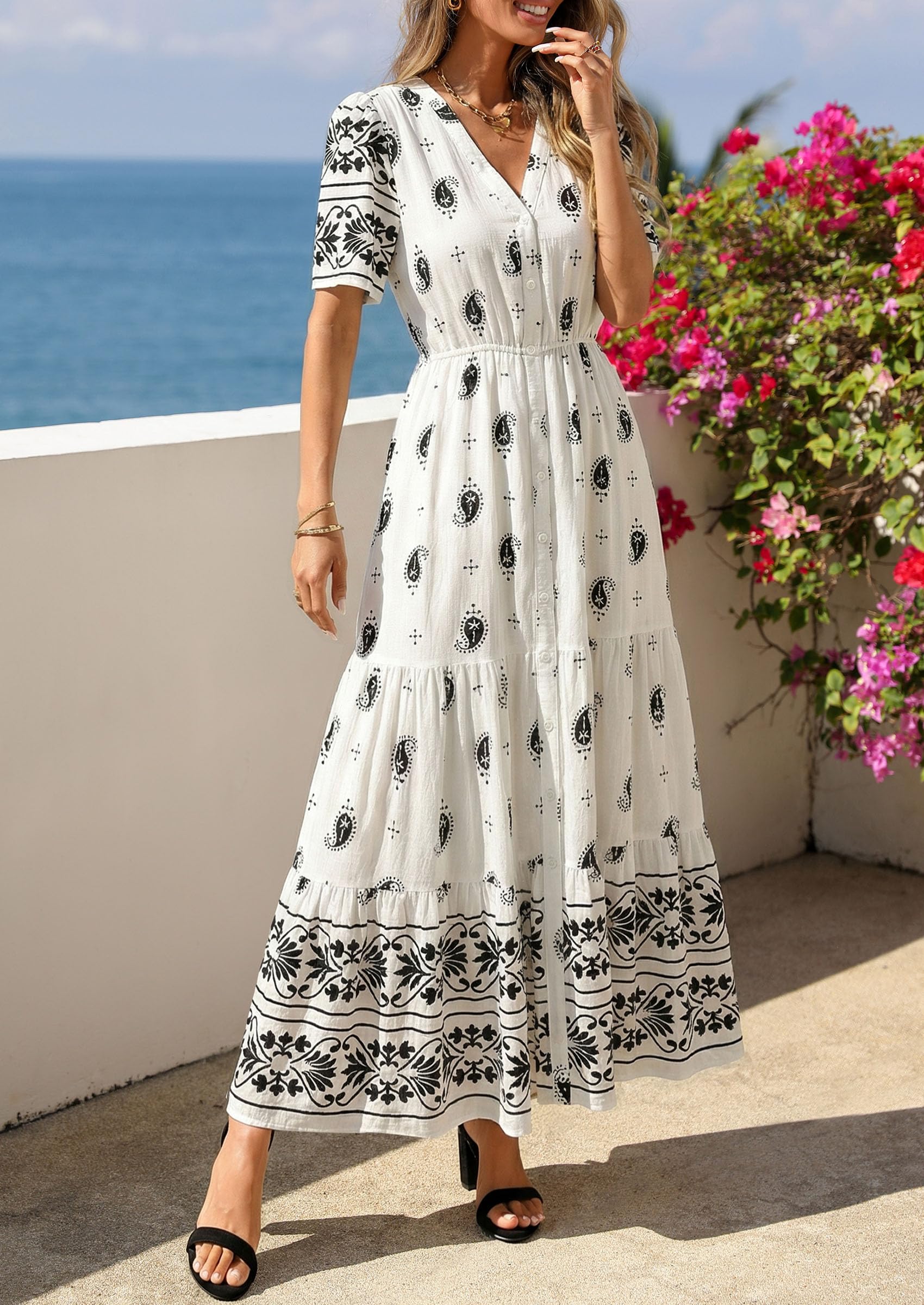 PRETTYGARDEN Womens Summer Boho Maxi Dress Trendy Short Sleeve V Neck Flowy Beach Floral Dresses with Pockets