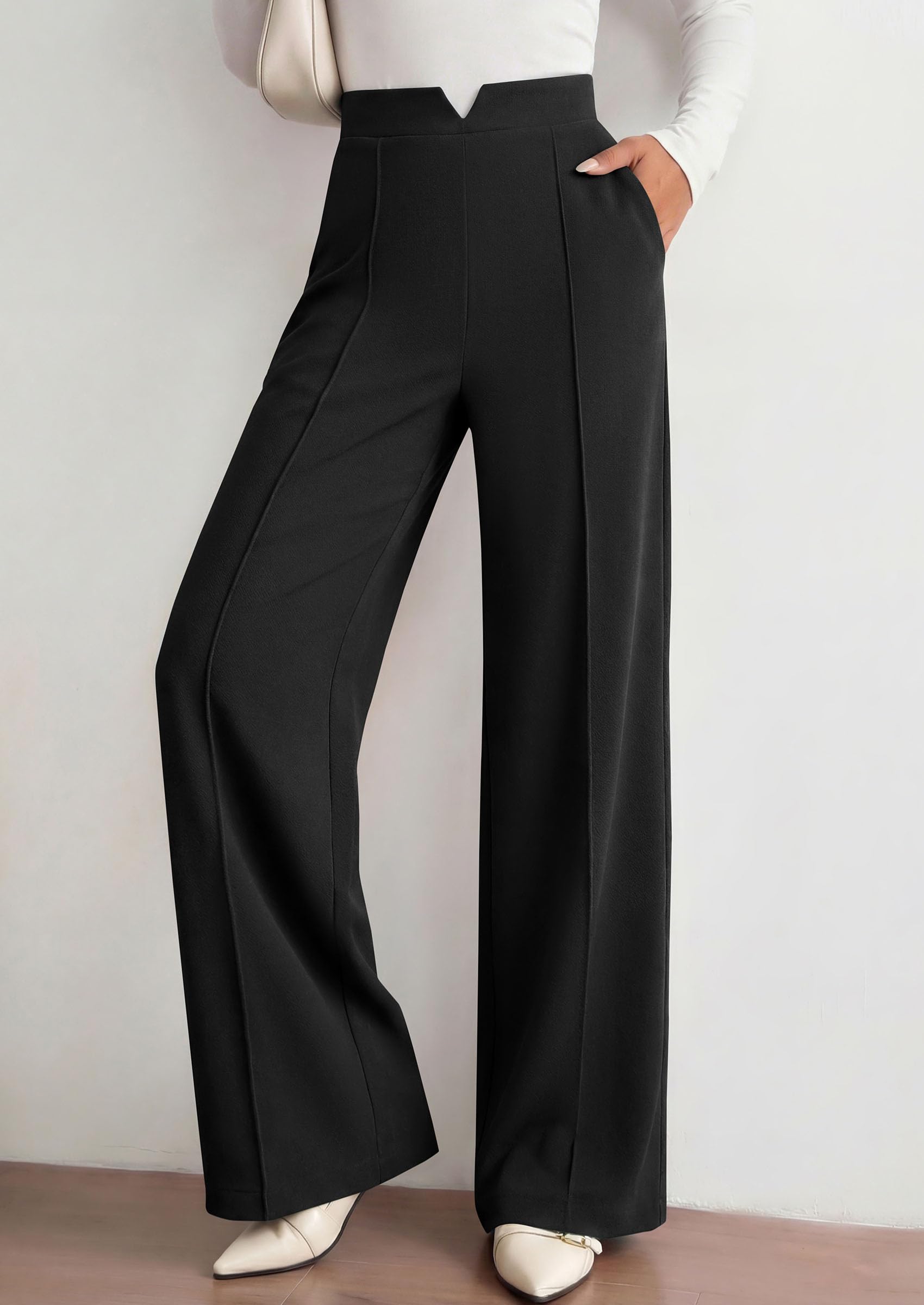 PRETTYGARDEN Women's Dressy Casual Wide Leg Palazzo Pants | V Notch High Waist, Soft Stretchy Knit Flowy Long Lounge Trousers, Casual Daily Office Work Outfits, 2026 Fall Clothes