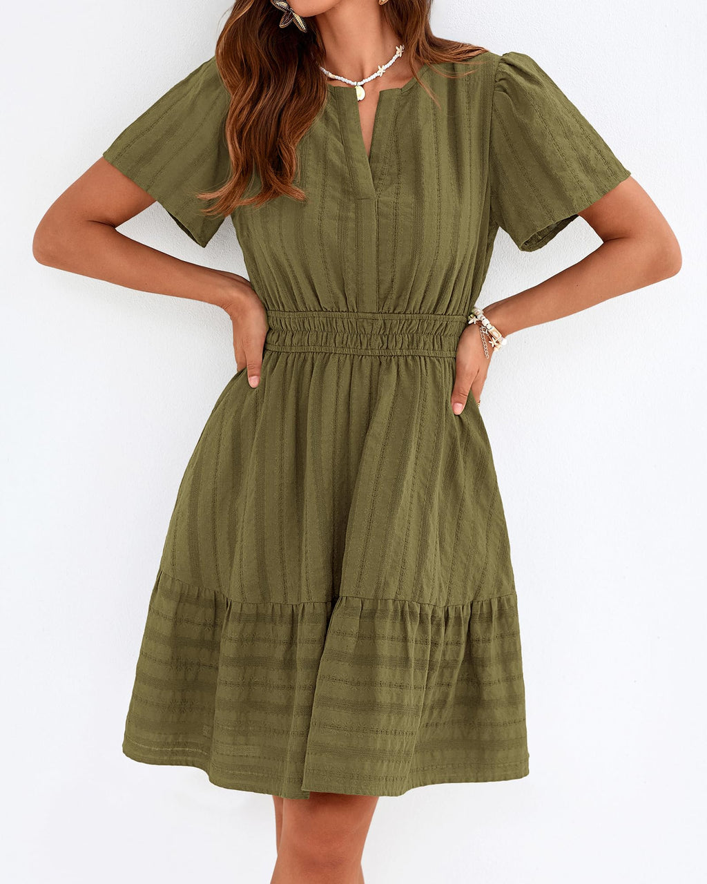 BTFBM Womens Spring  Casual Mini Dresses Lightweight Short Sleeve V Neck Elastic Waist Cute Boho Beach Dress Pockets