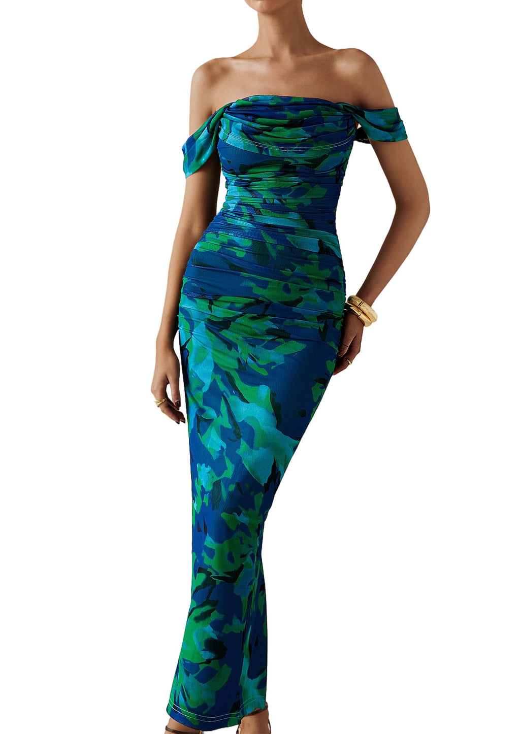 PRETTYGARDEN Cocktail Dresses for Women Summer Floral Off Shoulder Ruched Mesh Elegant Wedding Guest Maxi Dress