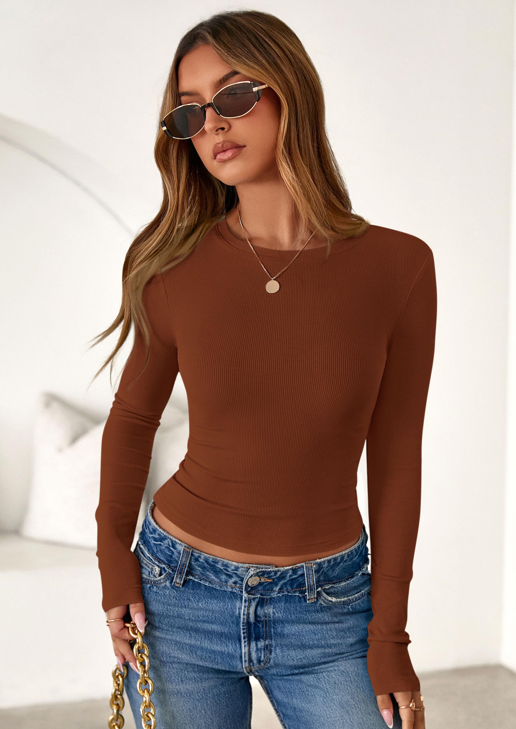 PRETTYGARDEN Women Fall Clothes Long Sleeve Shirts Ribbed Knit Fitted Basic Tee Going Out Tops Underscrub Casual Outfits