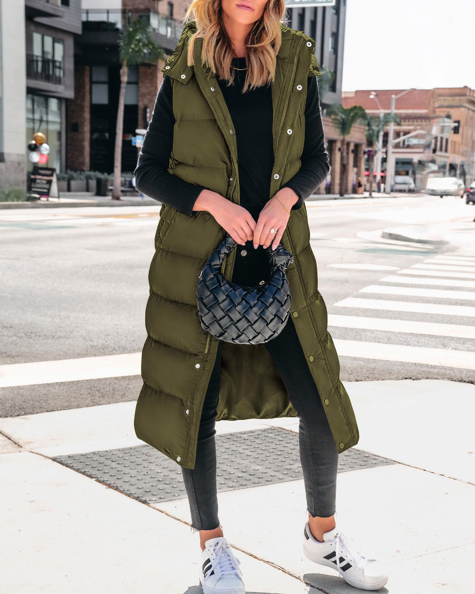 FreshPretty Long Puffer Vest Women Quilted Hooded Button Down Zip Up Sleeveless Vests Outerwear Padded Jacket Fall Winter Coat