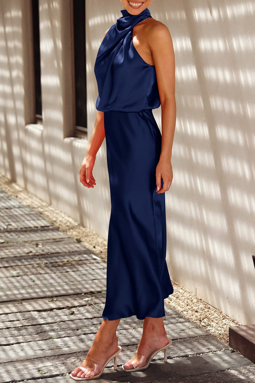PRETTYGARDEN Women's Summer Satin Dress Elegant Sleeveless Mock Neck Cocktail Party Maxi Dresses