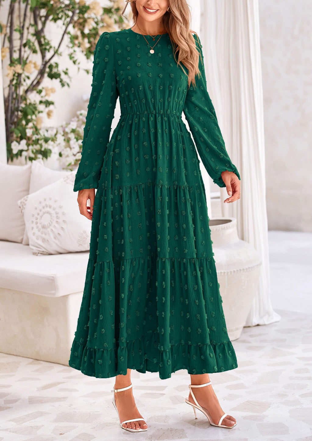 PRETTYGARDEN Women's Fall Spring Elegant Long Sleeve Maxi Dress Swiss Dot A Line Flowy Casual Holiday Party Going Out Dresses