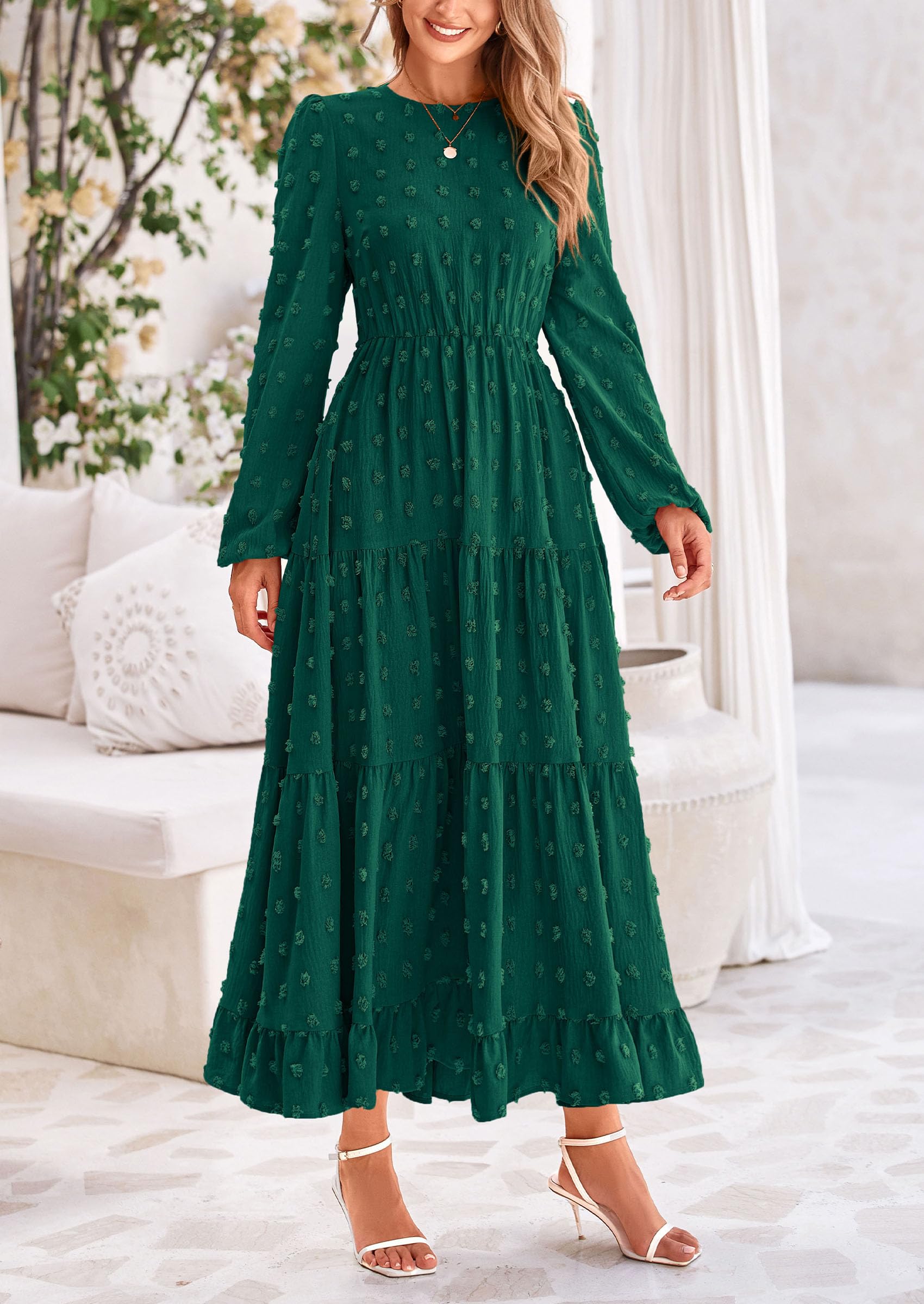 PRETTYGARDEN Women's Fall Spring Elegant Long Sleeve Maxi Dress Swiss Dot A Line Flowy Casual Holiday Party Going Out Dresses