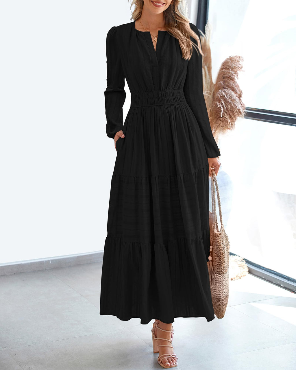 FreshPretty Fall Dresses for Women Casual Long Sleeve V Neck Elastic Waist Lightweight Maxi Wedding Guest Dress Pockets