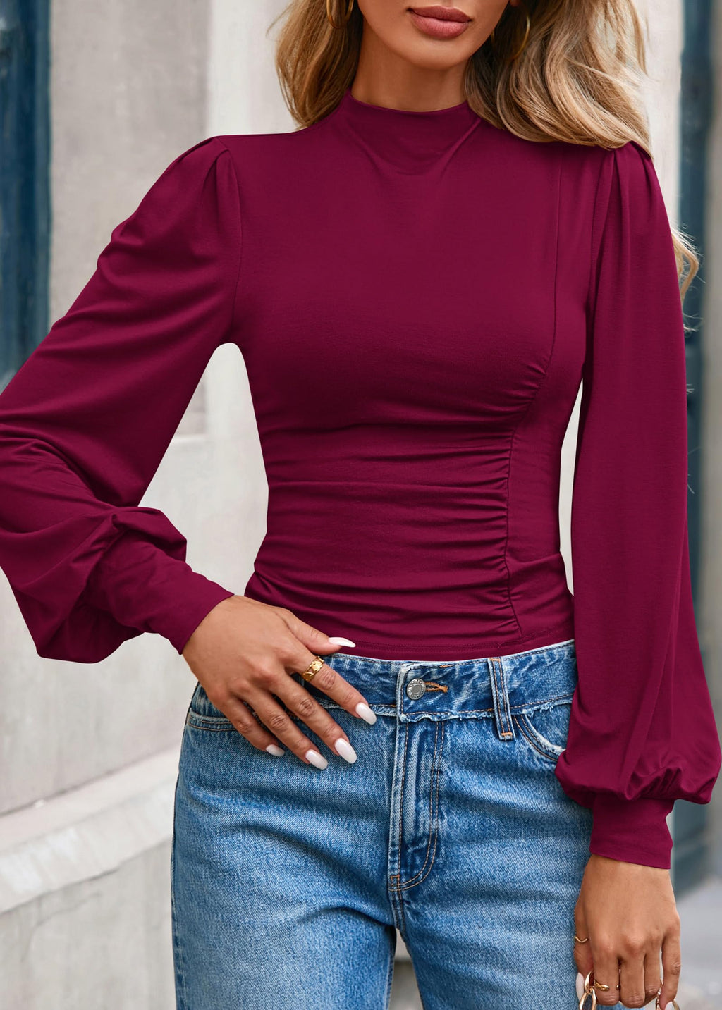FreshPretty Blouses for Women Dressy Casual Spring Tops Fall Puff Long Sleeve Shirts Fitted Mock Neck Ruched Trendy Tops