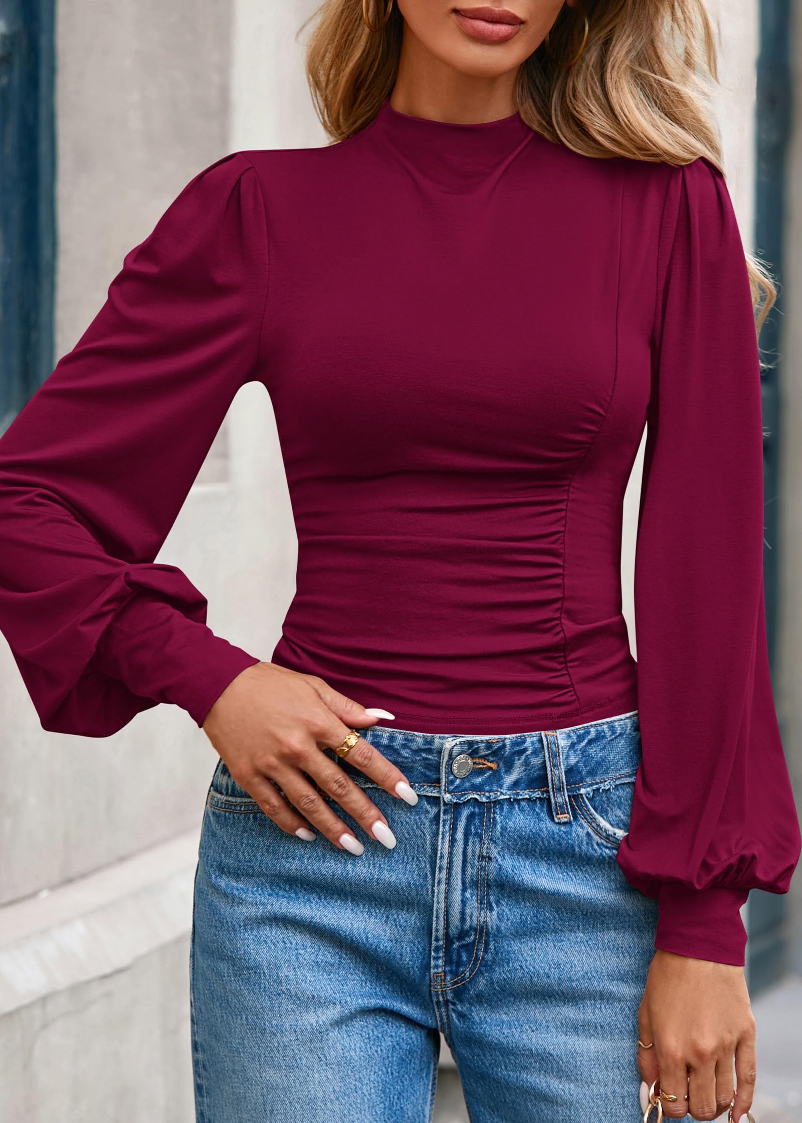 FreshPretty Blouses for Women Dressy Casual Spring Tops Fall Puff Long Sleeve Shirts Fitted Mock Neck Ruched Trendy Tops