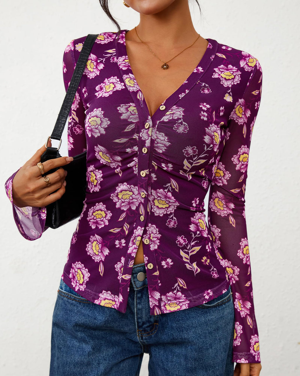 FreshPretty Button Down Shirts for Women Fall Fashion V Neck Long Sleeve Blouse Ruched Mesh Fitted Floral Print Boho Tops