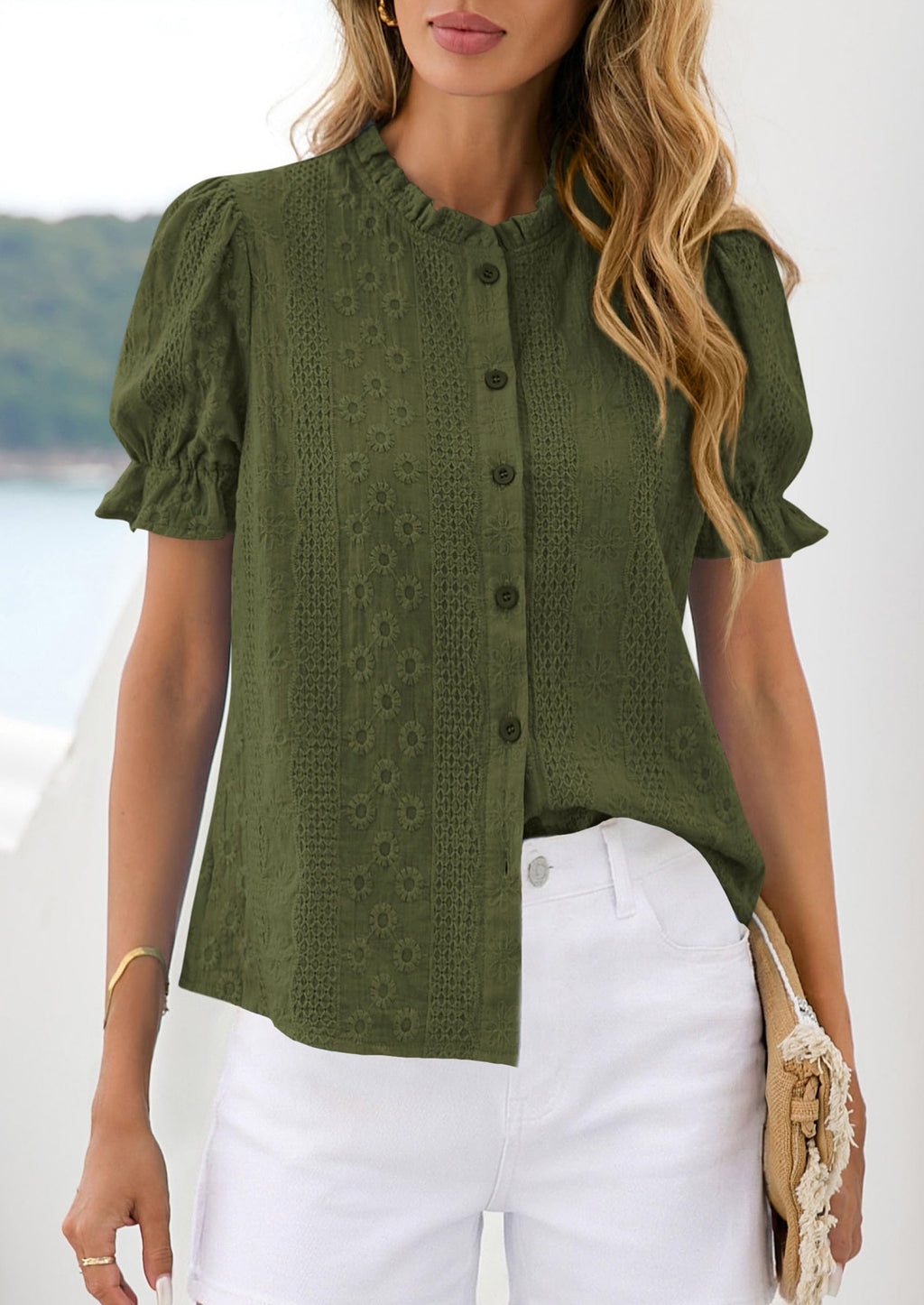 PRETTYGARDEN Womens Puff Short Sleeve Tops  Summer Spring Button Down Boho Embroidered Cute Blouse Dressy Casual Shirts