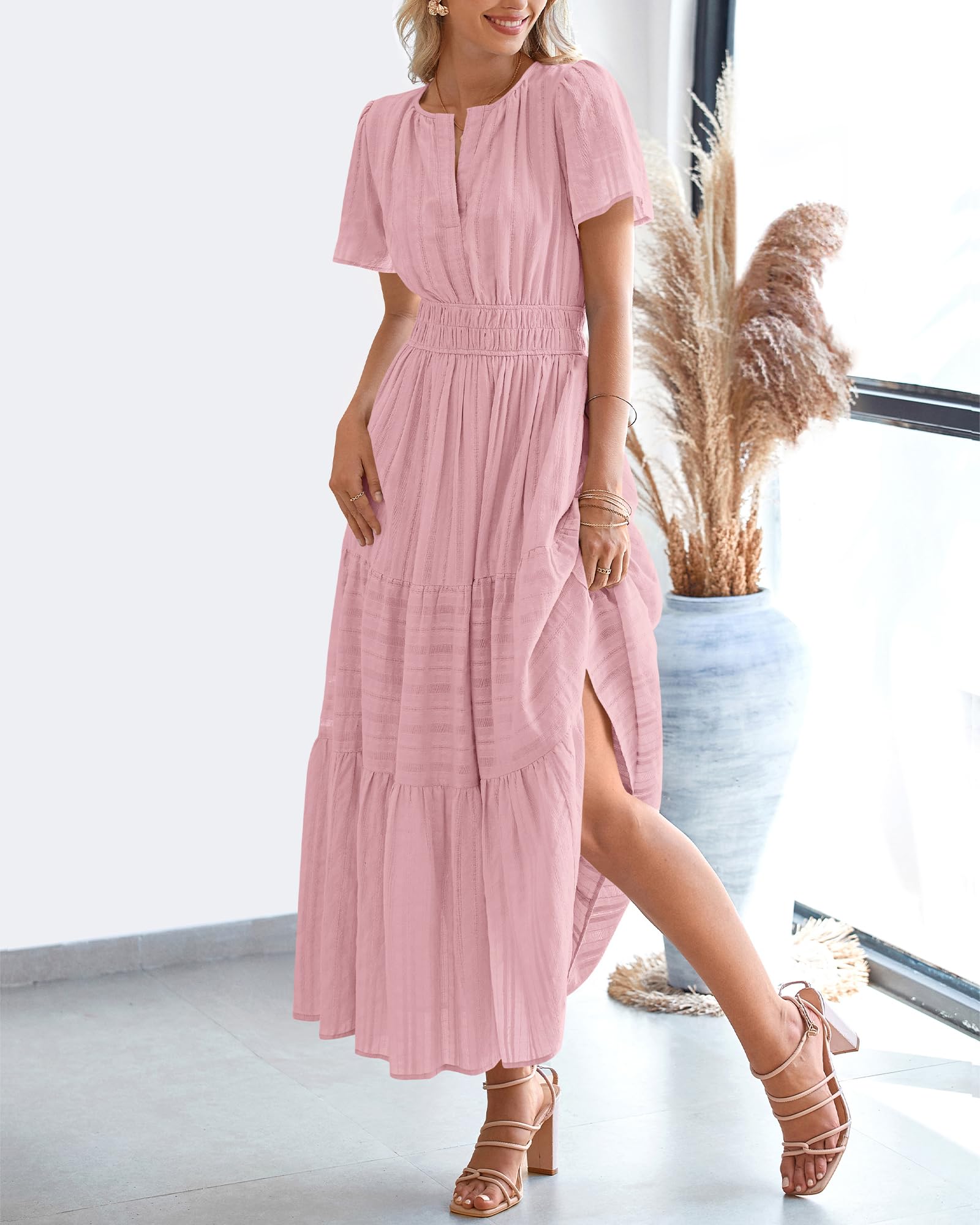 FreshPretty Womens Summer Casual Midi Maxi Dresses Lightweight Short Sleeve V Neck Elastic Waist Boho Beach Dress Pockets