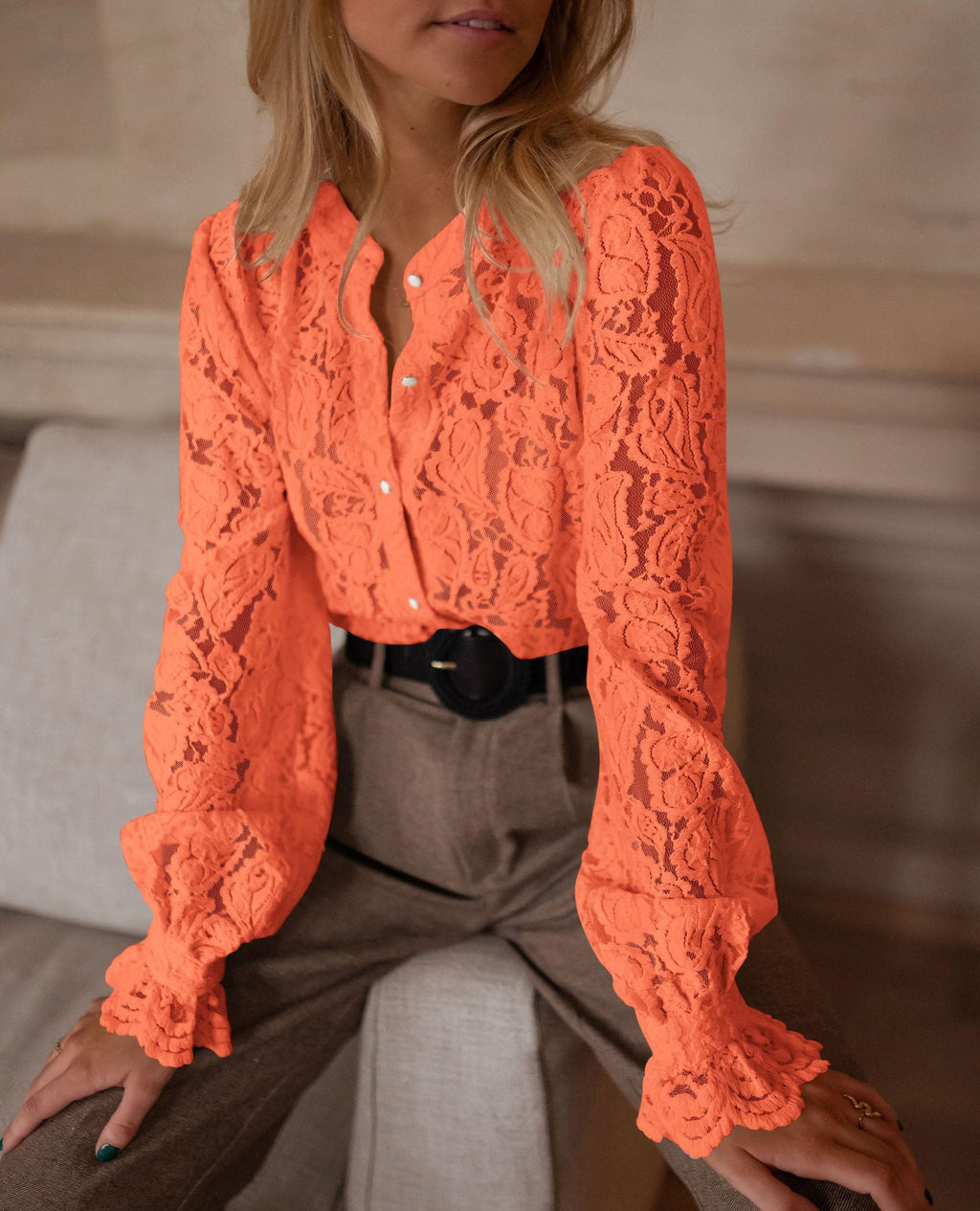 PRETTYGARDEN Women's Dressy Casual Lace Blouse Long Sleeve Button Up Shirts Tops Spring Fall Fashion Clothes