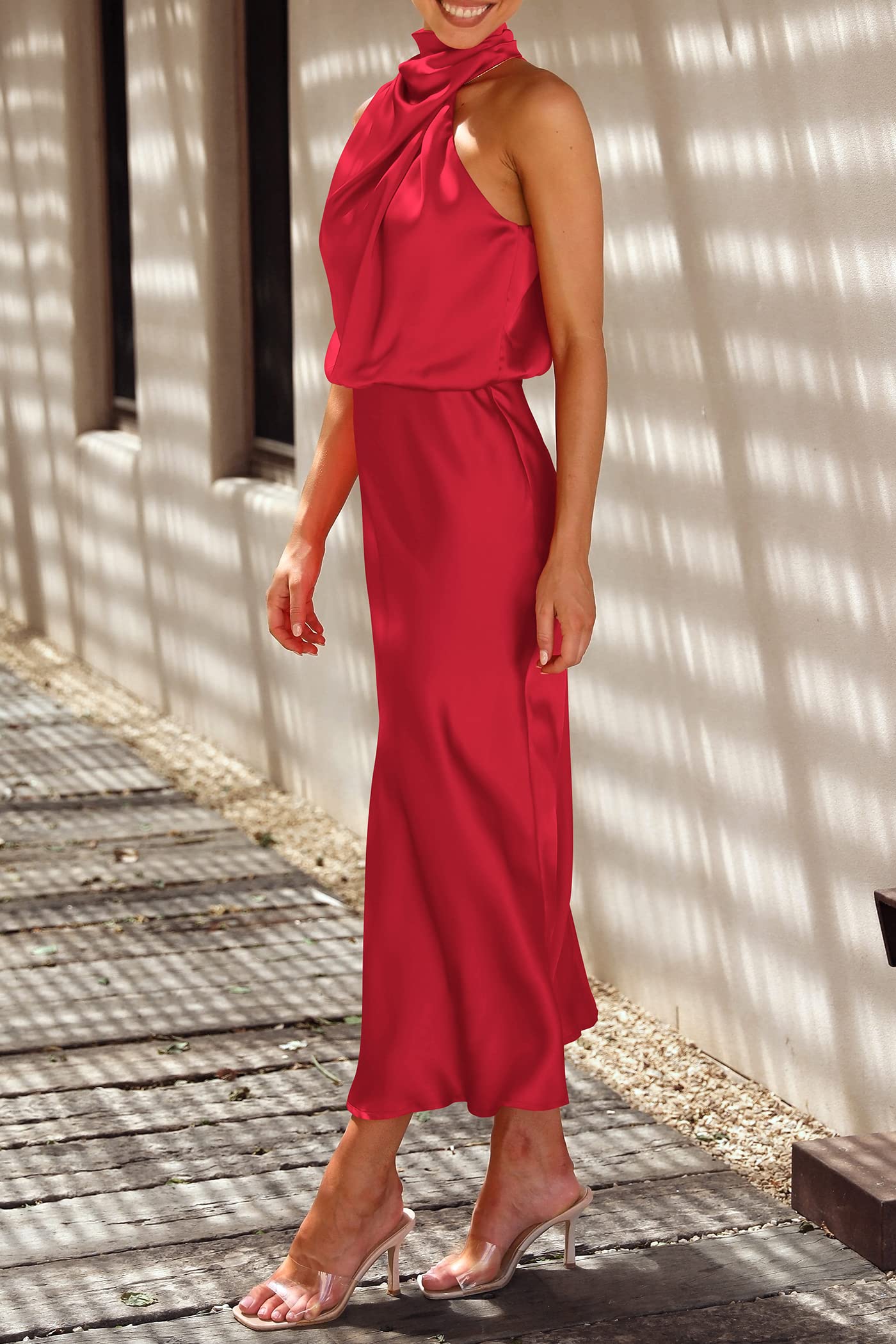PRETTYGARDEN Women's Summer Satin Dress Elegant Sleeveless Mock Neck Cocktail Party Maxi Dresses