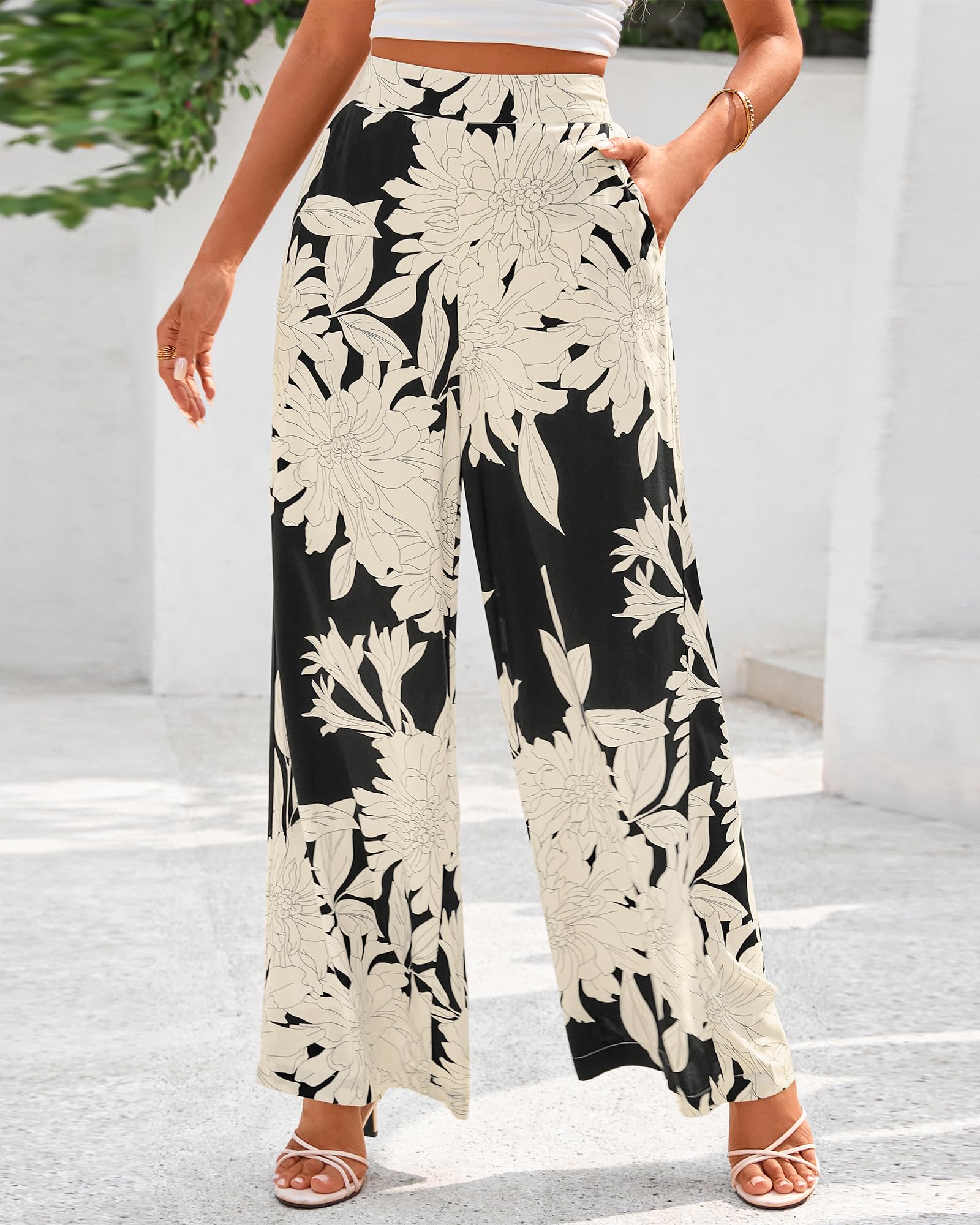 FreshPretty Womens Wide Leg Summer Pants Boho Beach Vacation Loose Elastic Waist Printed Palazzo Pant Pockets