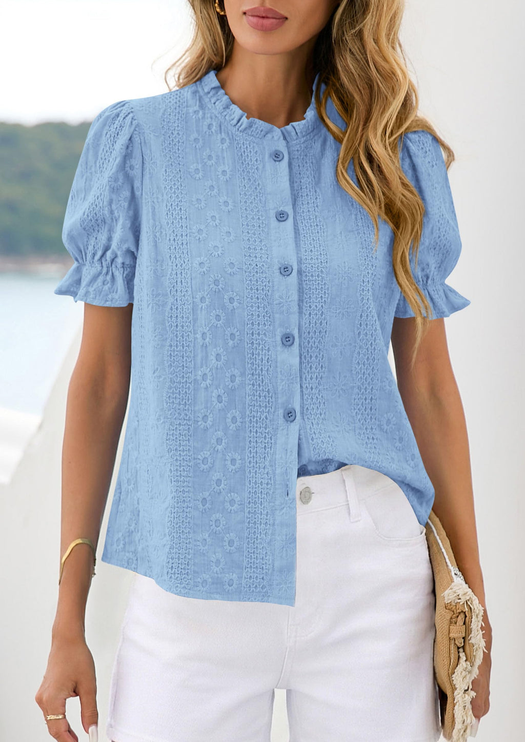 PRETTYGARDEN Womens Puff Short Sleeve Tops  Summer Spring Button Down Boho Embroidered Cute Blouse Dressy Casual Shirts