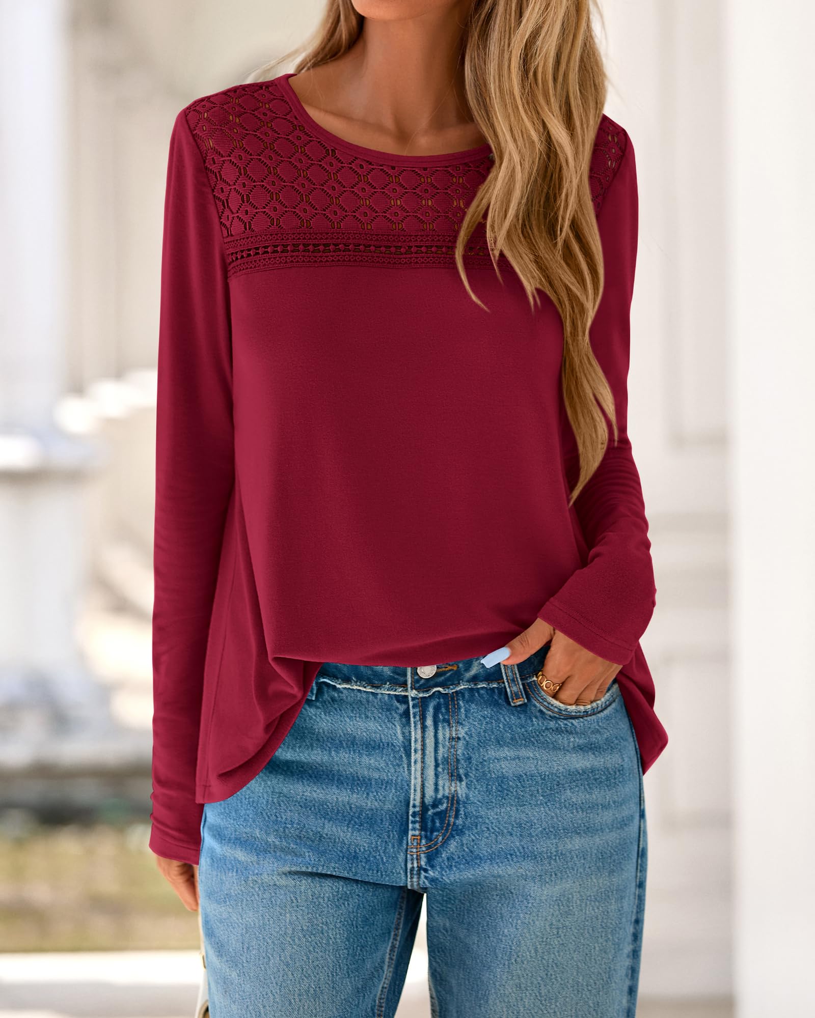 FreshPretty Lace Long Sleeve Shirts Womens Tops Dressy Casual Knit Boho Lightweight Blouses Winter Clothing Fall Fashion