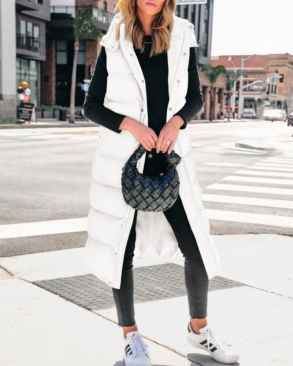 FreshPretty Long Puffer Vest Women Quilted Hooded Button Down Zip Up Sleeveless Vests Outerwear Padded Jacket Fall Winter Coat