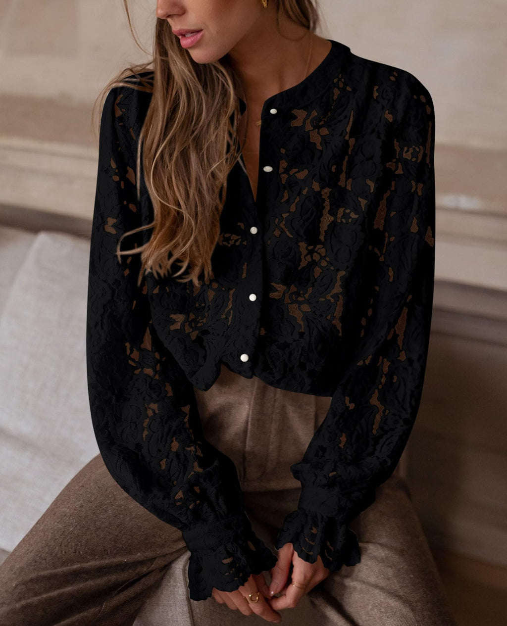 PRETTYGARDEN Women's Dressy Casual Lace Blouse Long Sleeve Button Up Shirts Tops Spring Fall Fashion Clothes