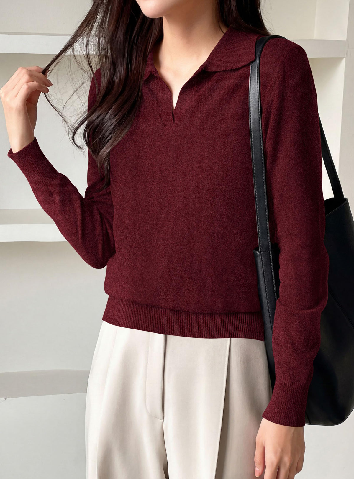 PRETTYGARDEN Womens Long Sleeve Collared Polo Sweater | Breathable Soft Ribbed Knit, Lapel V Neck Pullover Sweaters, Business Casual Work Office Tops, 2026 Trendy Fall Outfits