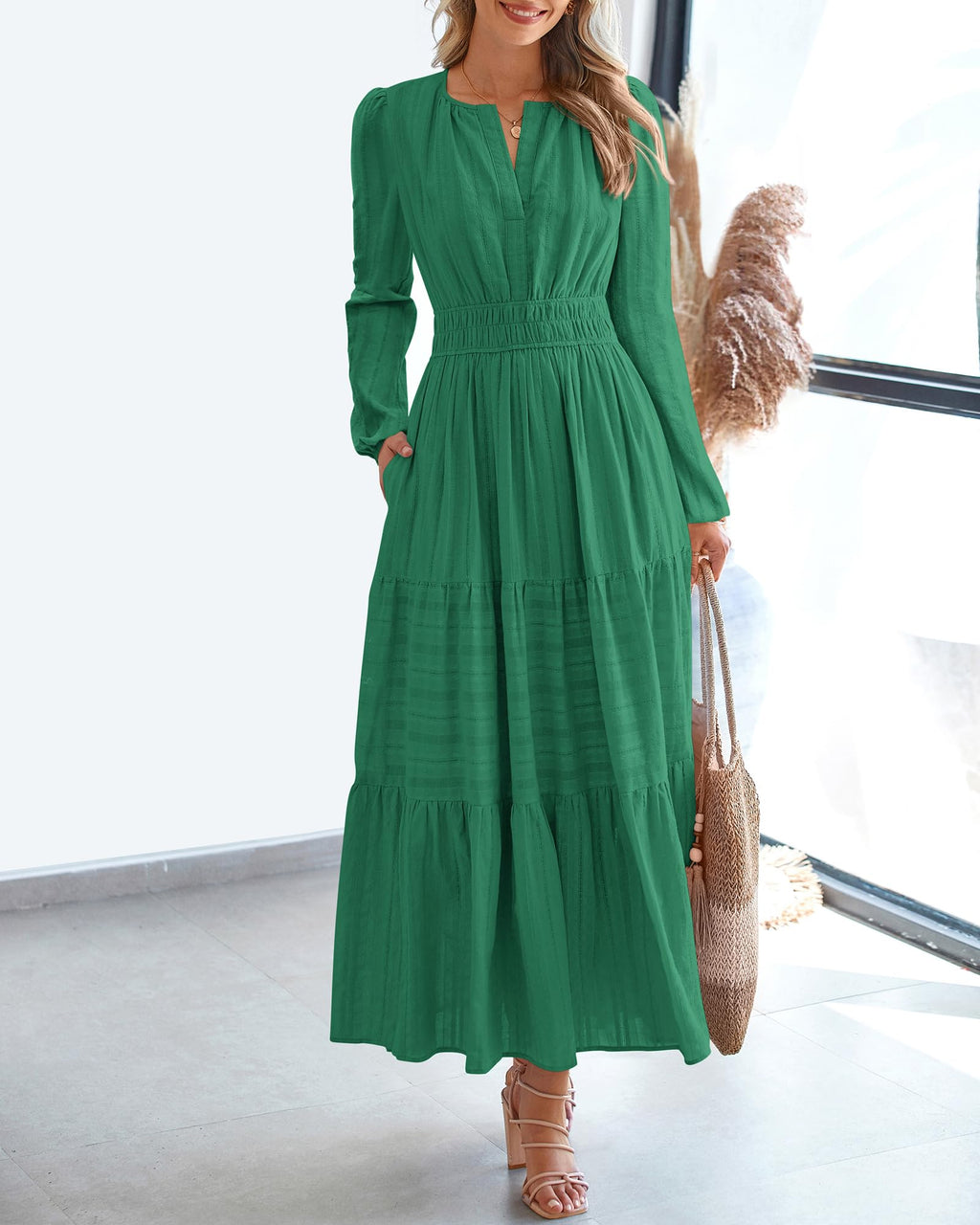 FreshPretty Fall Dresses for Women Casual Long Sleeve V Neck Elastic Waist Lightweight Maxi Wedding Guest Dress Pockets