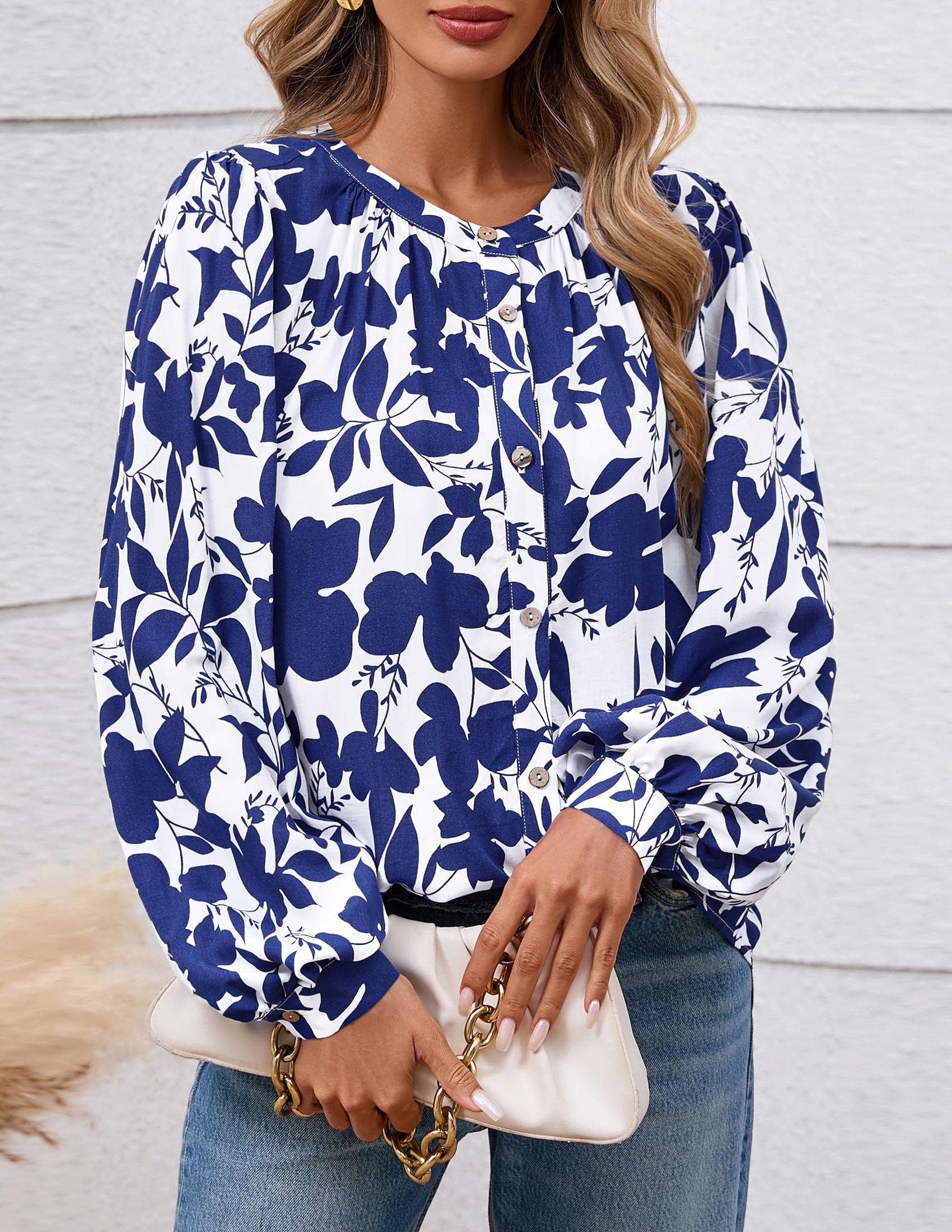 PRETTYGARDEN Women's Floral Button Down Blouse Fall Fashion Dressy Casual Long Sleeve Oversized Shirts Top Boho Clothes