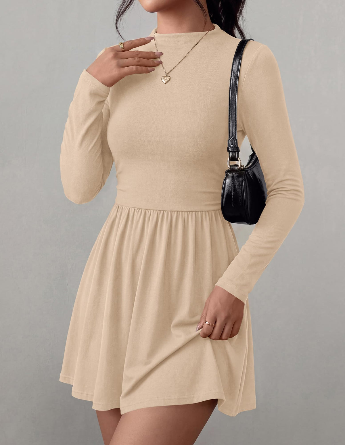 BTFBM Long Sleeve Dresses for Women Mock Neck A Line Flowy Mini Dress Swing Pleated Hem,Cocktail Party Club Holiday Going Out Outfits,Dressy Casual Winter,Trendy Early Fall Fashion Clothing