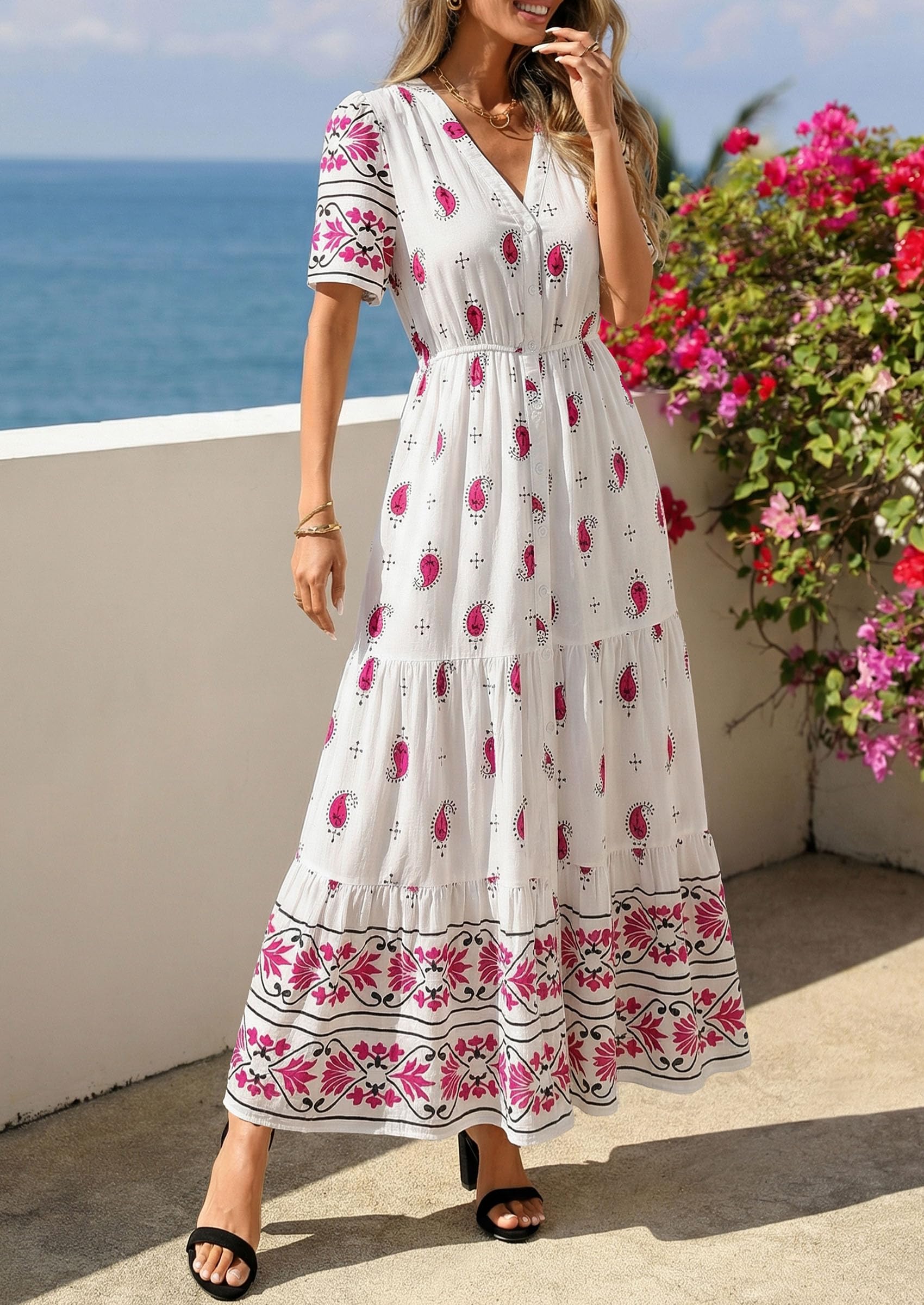 PRETTYGARDEN Womens Summer Boho Maxi Dress Trendy Short Sleeve V Neck Flowy Beach Floral Dresses with Pockets