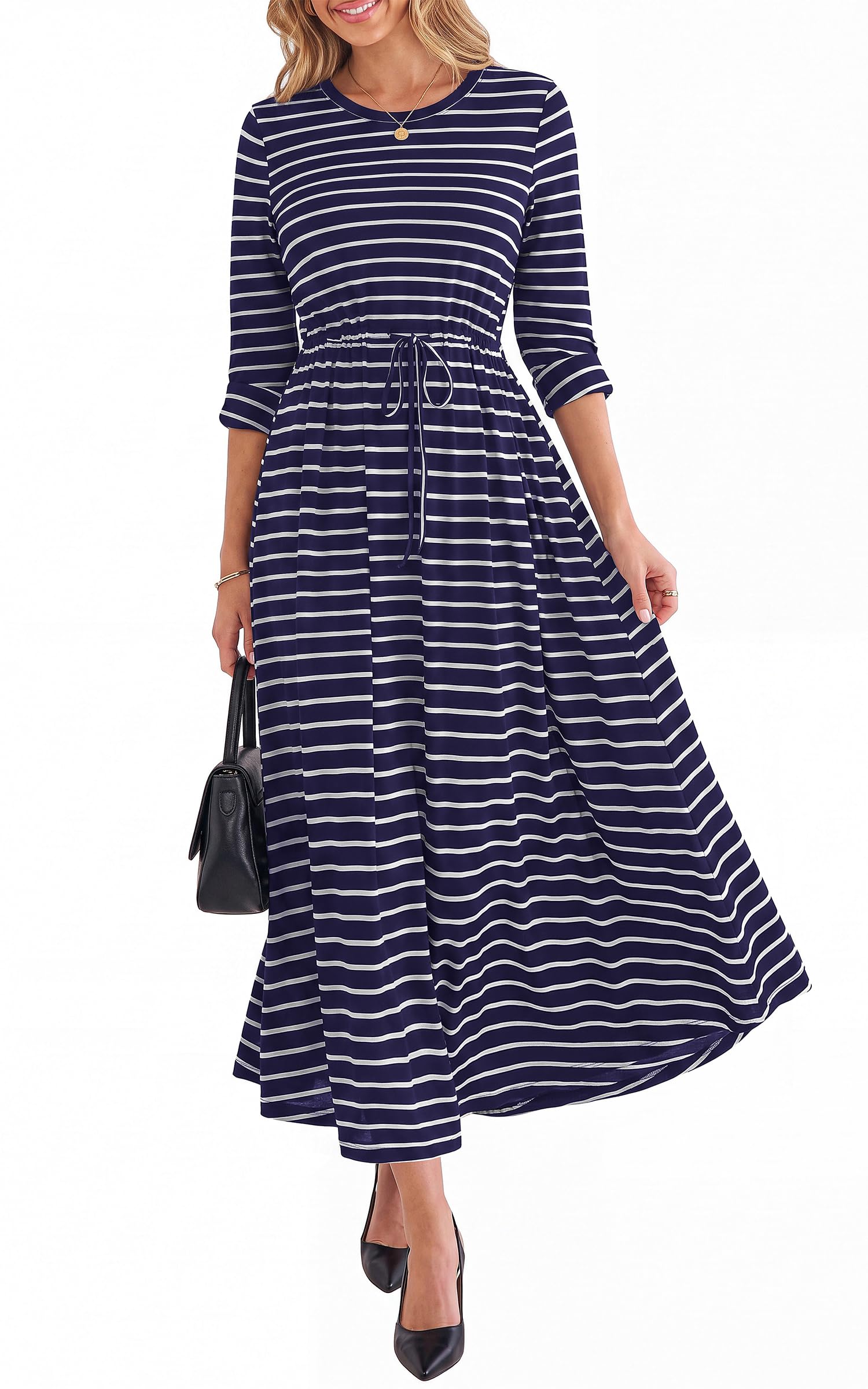 FreshPretty Long Sleeve Maxi Dresses for Women Fall Casual Loose Striped Dress|Cotton T Shirt Dress, Loose Fit Dress with Pocket, Business Casual Work Teacher, Fall Outfits