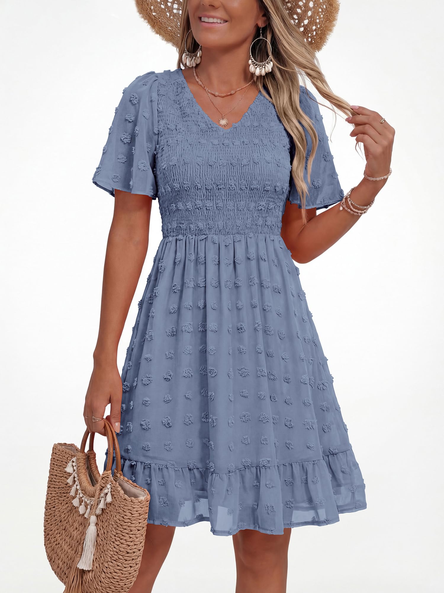 FreshPretty Womens Beach Vacation Dress Summer V Neck Short Sleeve Smocked Swiss Dot Ruffle Casual Mini Spring Dresses