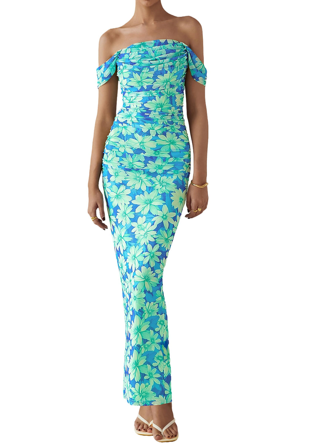 PRETTYGARDEN Cocktail Dresses for Women Summer Floral Off Shoulder Ruched Mesh Elegant Wedding Guest Maxi Dress