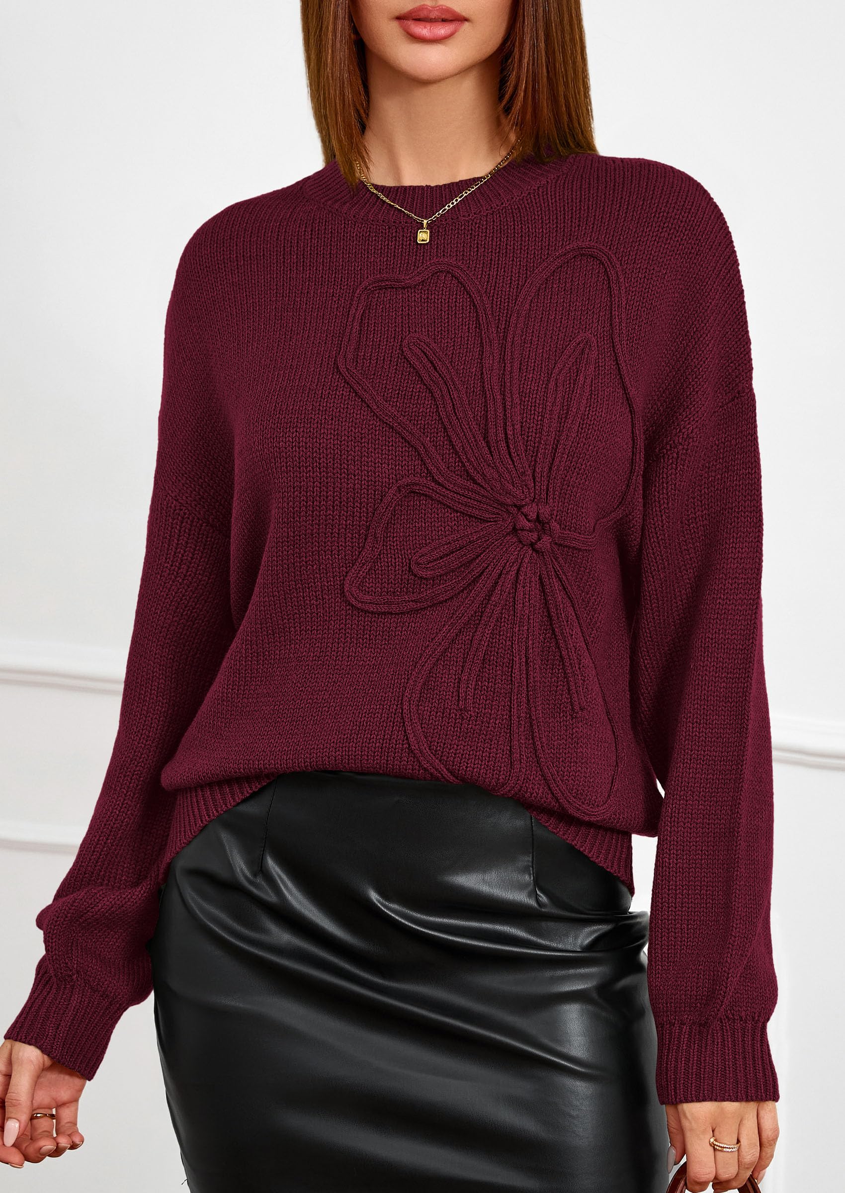PRETTYGARDEN Womens Sweaters  Fall Fashion Long Sleeve Crewneck Floral Knit Pullover Sweater Tops Winter Clothes