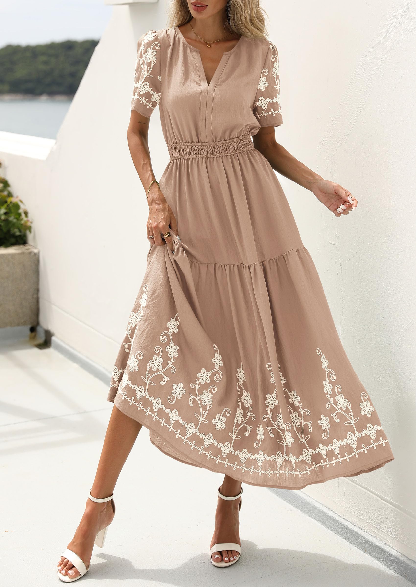 PRETTYGARDEN Women's Summer Boho Maxi Dress Spring Floral Short Sleeve V Neck A Line Flowy Beach Wedding Guest Dresses
