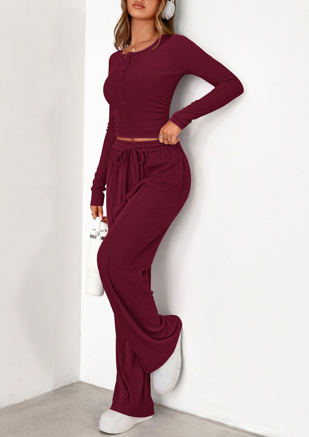 PRETTYGARDEN Women's  Fall Trendy 2 Piece Outfits Lounge Sets Long Sleeve Top Henley Shirts Wide Leg Pants Travel Clothes
