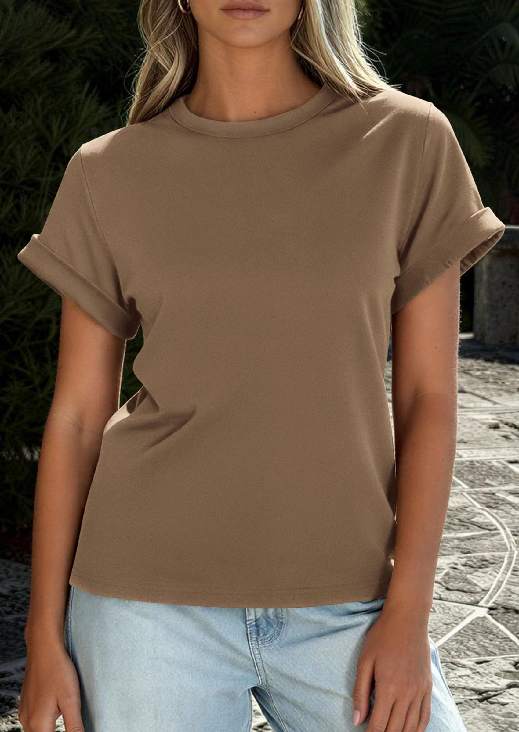 PRETTYGARDEN Womens Summer Tops Spring Casual Rolled Short Sleeve Basic Tees Crew Neck Work Shirts Fashion Clothing