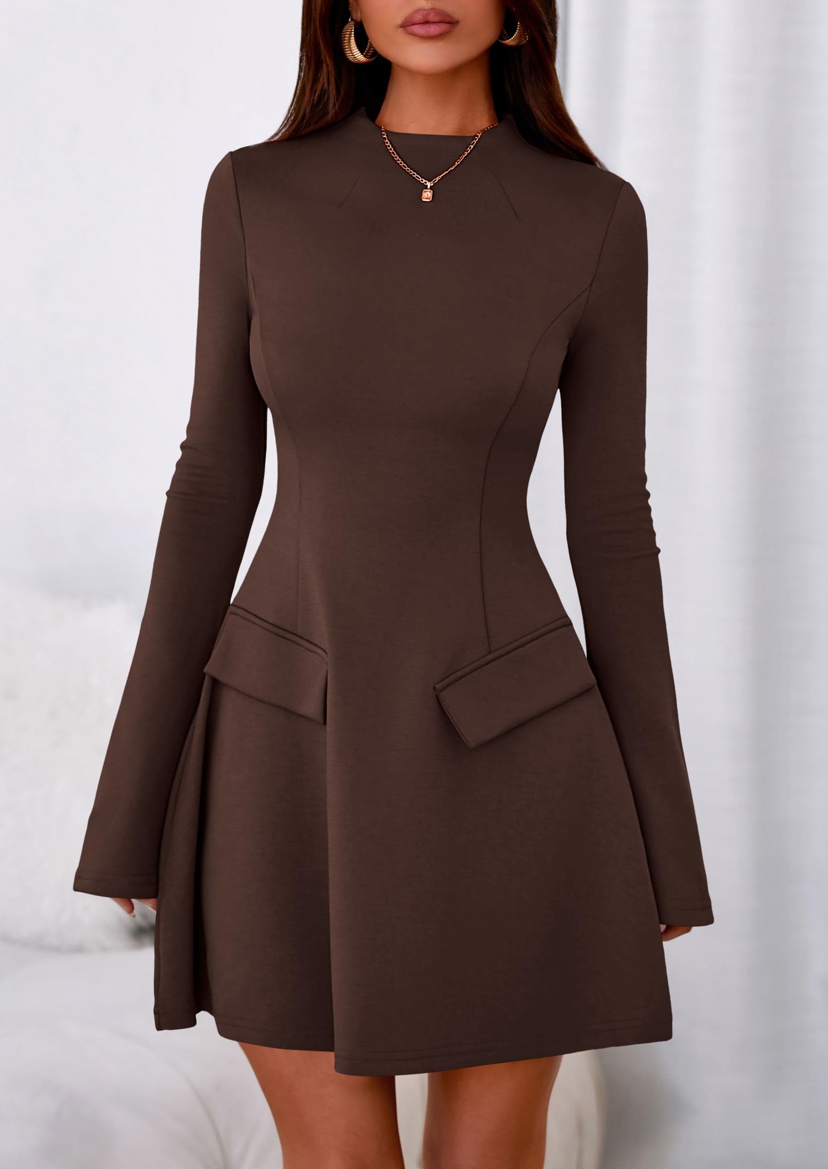PRETTYGARDEN Women's Elegant Holiday Short Dress  Fall Bell Long Sleeve Mock Neck Work Business Casual Party Mini Dress