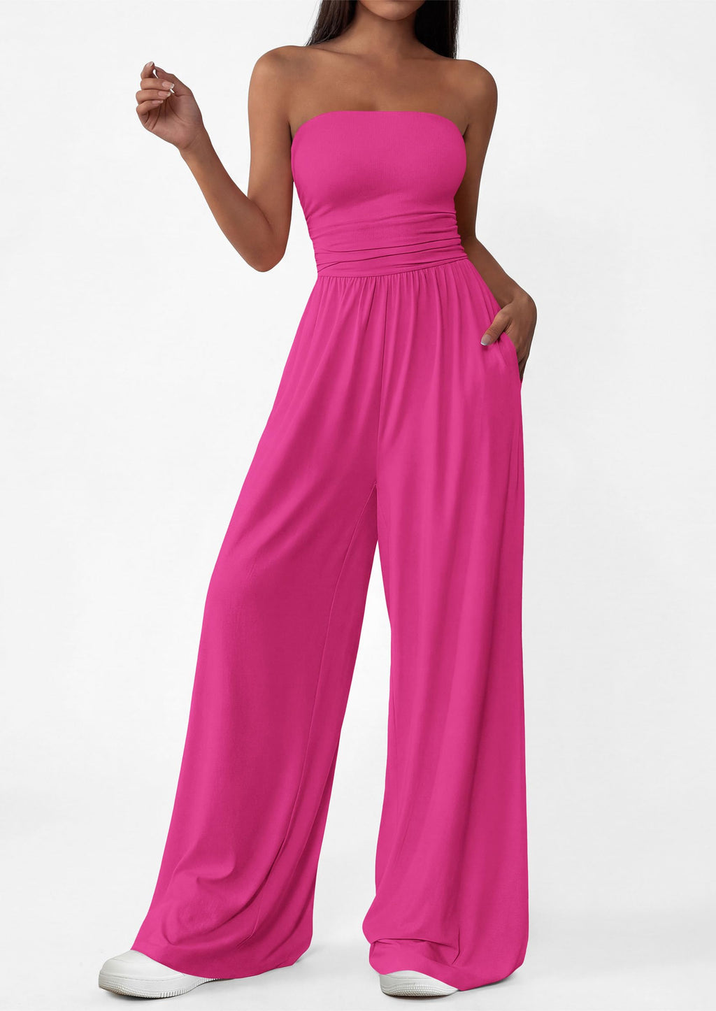 PRETTYGARDEN Womens Trendy Strapless Rompers Ruched Tube Top Wide Leg One Piece Jumpsuits Beach Vacation Summer Outfits