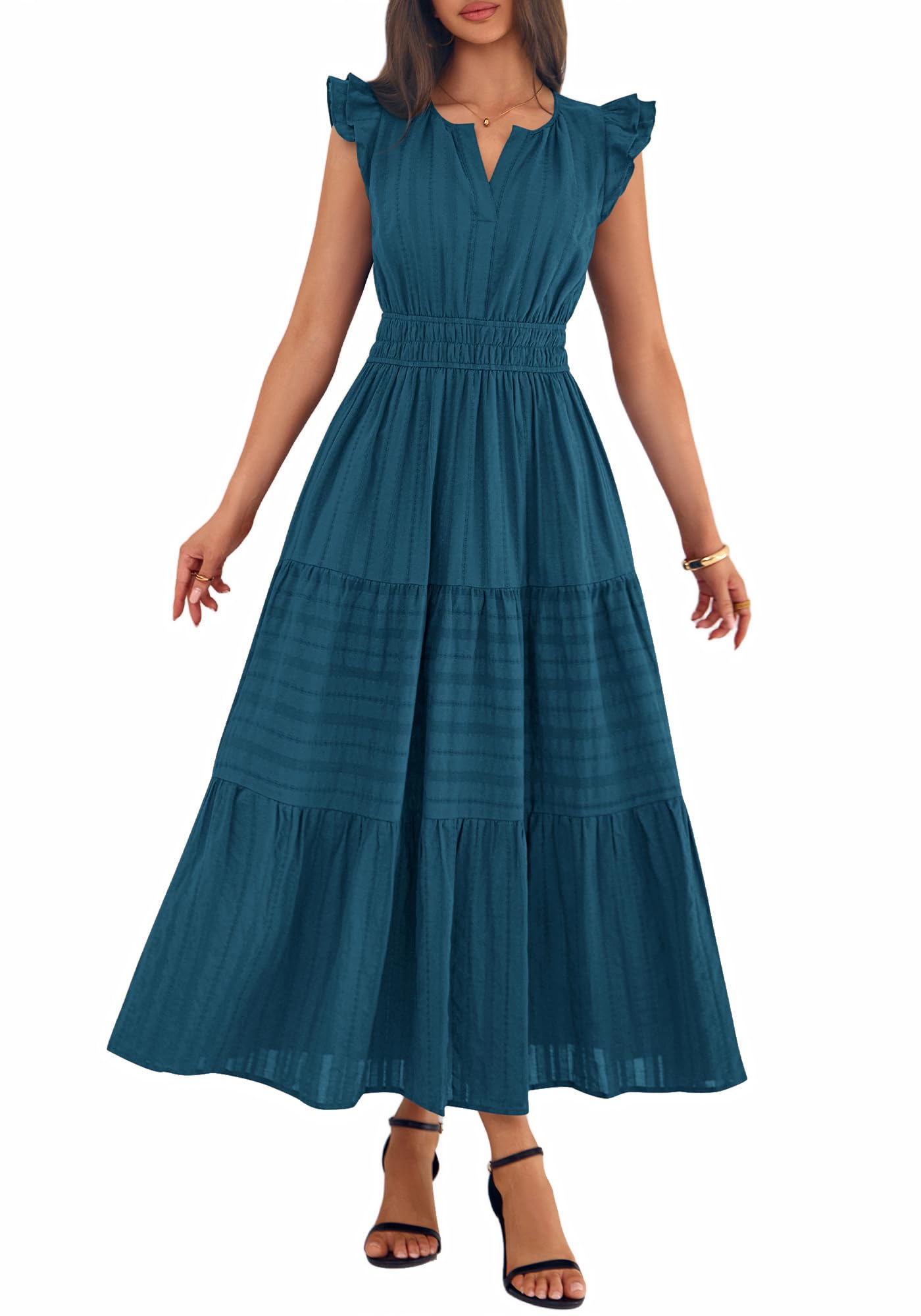 BTFBM Womens Summer Maxi Dress  Spring Boho Vacation Ruffle Flutter Short Sleeve A Line Tiered Flowy Dresses Pockets