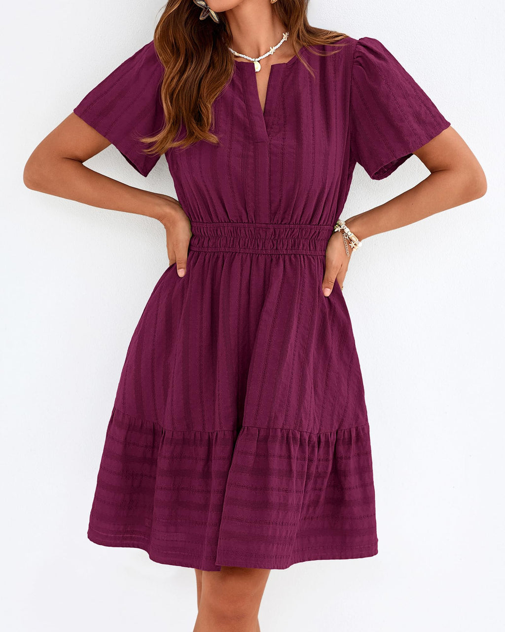 BTFBM Womens Spring  Casual Mini Dresses Lightweight Short Sleeve V Neck Elastic Waist Cute Boho Beach Dress Pockets