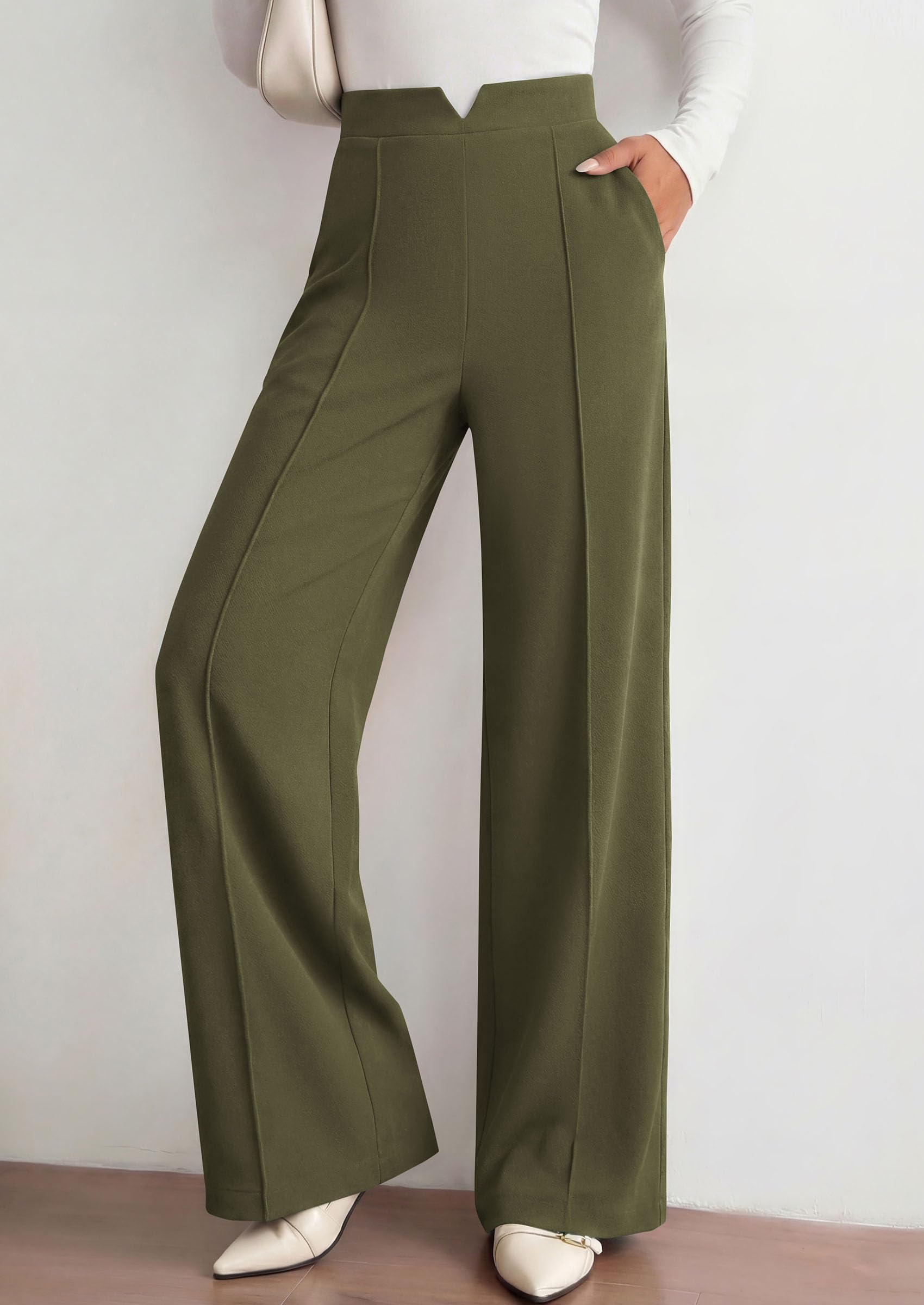 PRETTYGARDEN Women's Dressy Casual Wide Leg Palazzo Pants | V Notch High Waist, Soft Stretchy Knit Flowy Long Lounge Trousers, Casual Daily Office Work Outfits, 2026 Fall Clothes