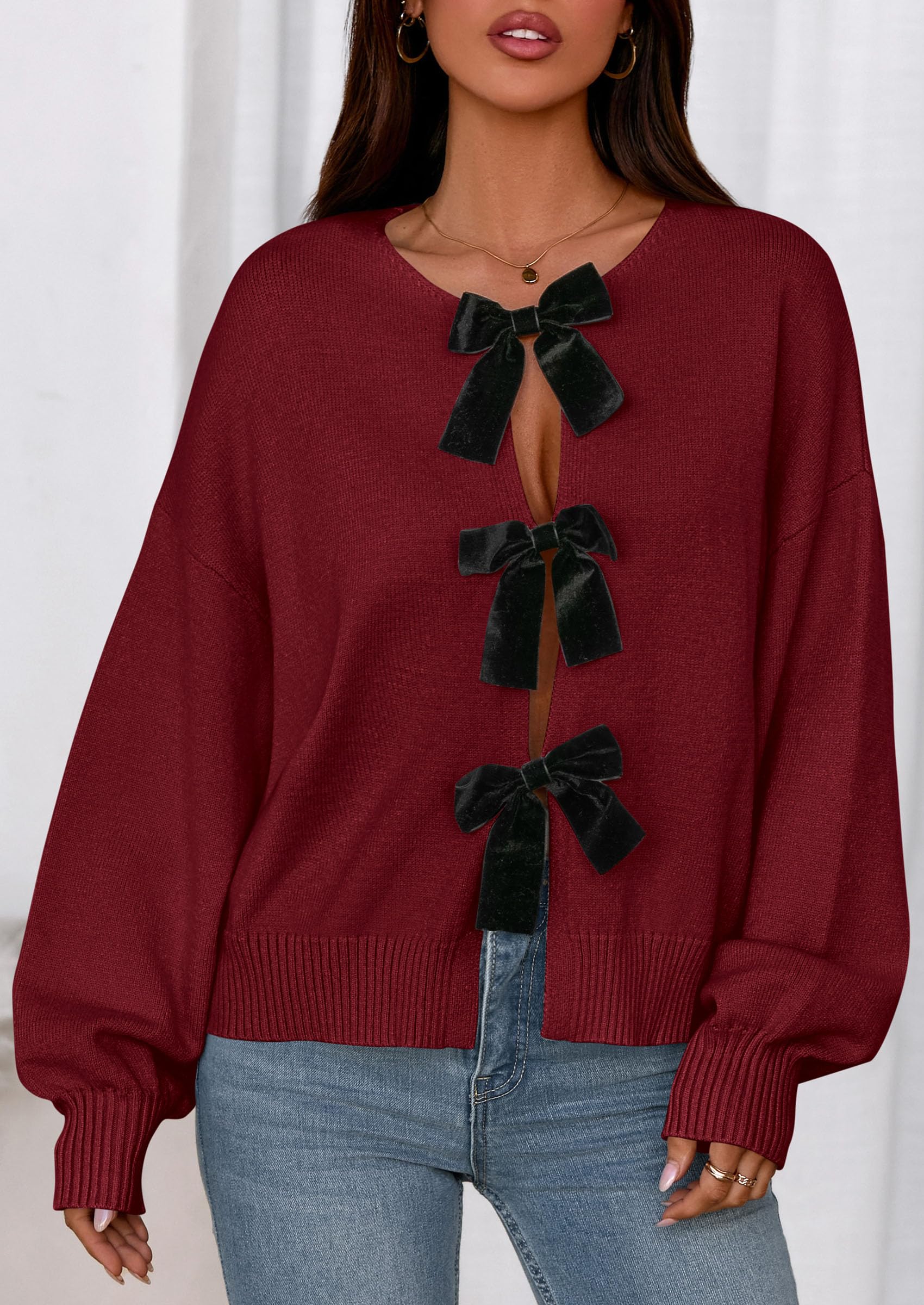 PRETTYGARDEN Cardigan Sweaters for Women Fall Fashion Bow Tie Front Long Sleeve Knit Sweater Tops Cute Winter Clothes