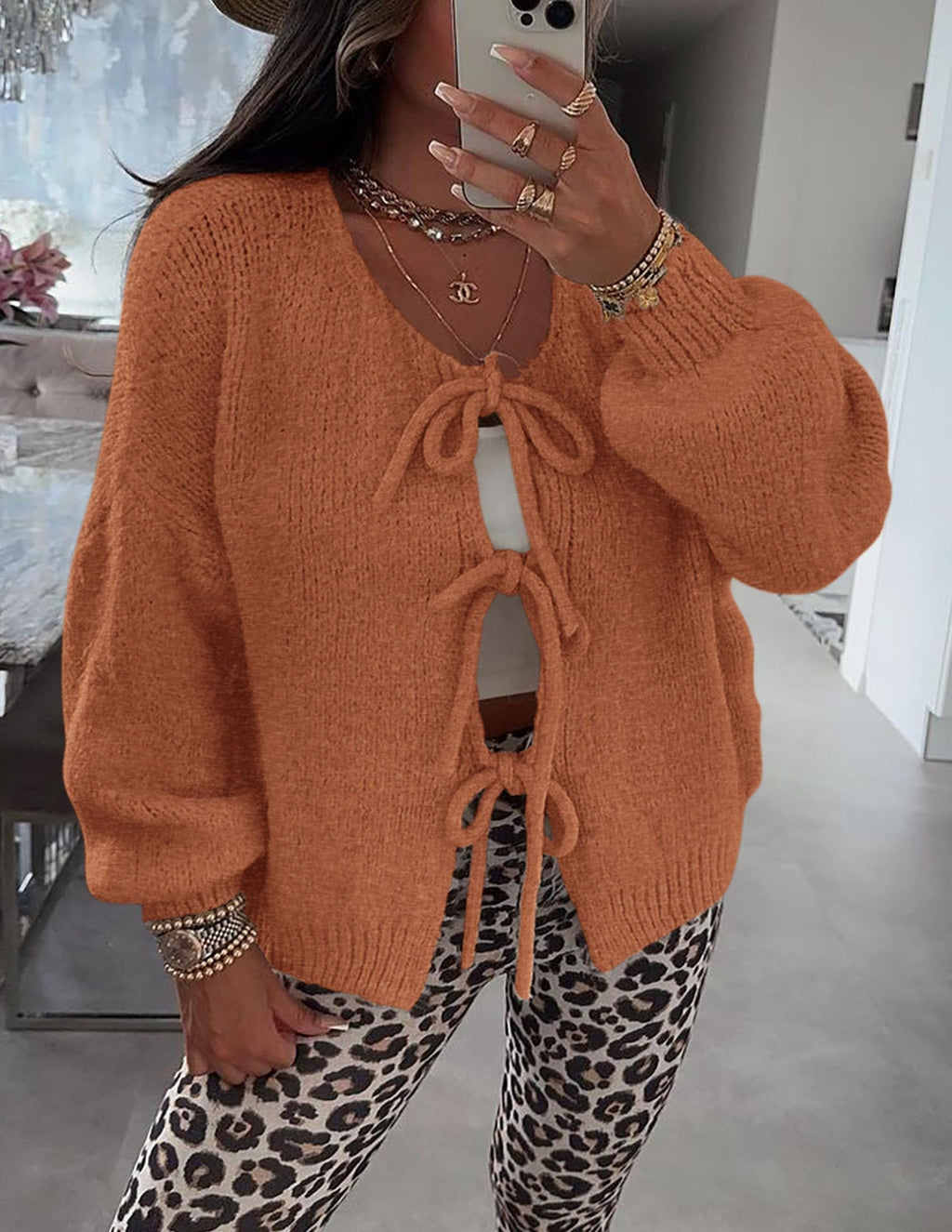 PRETTYGARDEN Women's Tie Front Bow Cardigan Sweaters Chunky Knit Long Puff Sleeve Trendy Fall Winter Jacket Coat