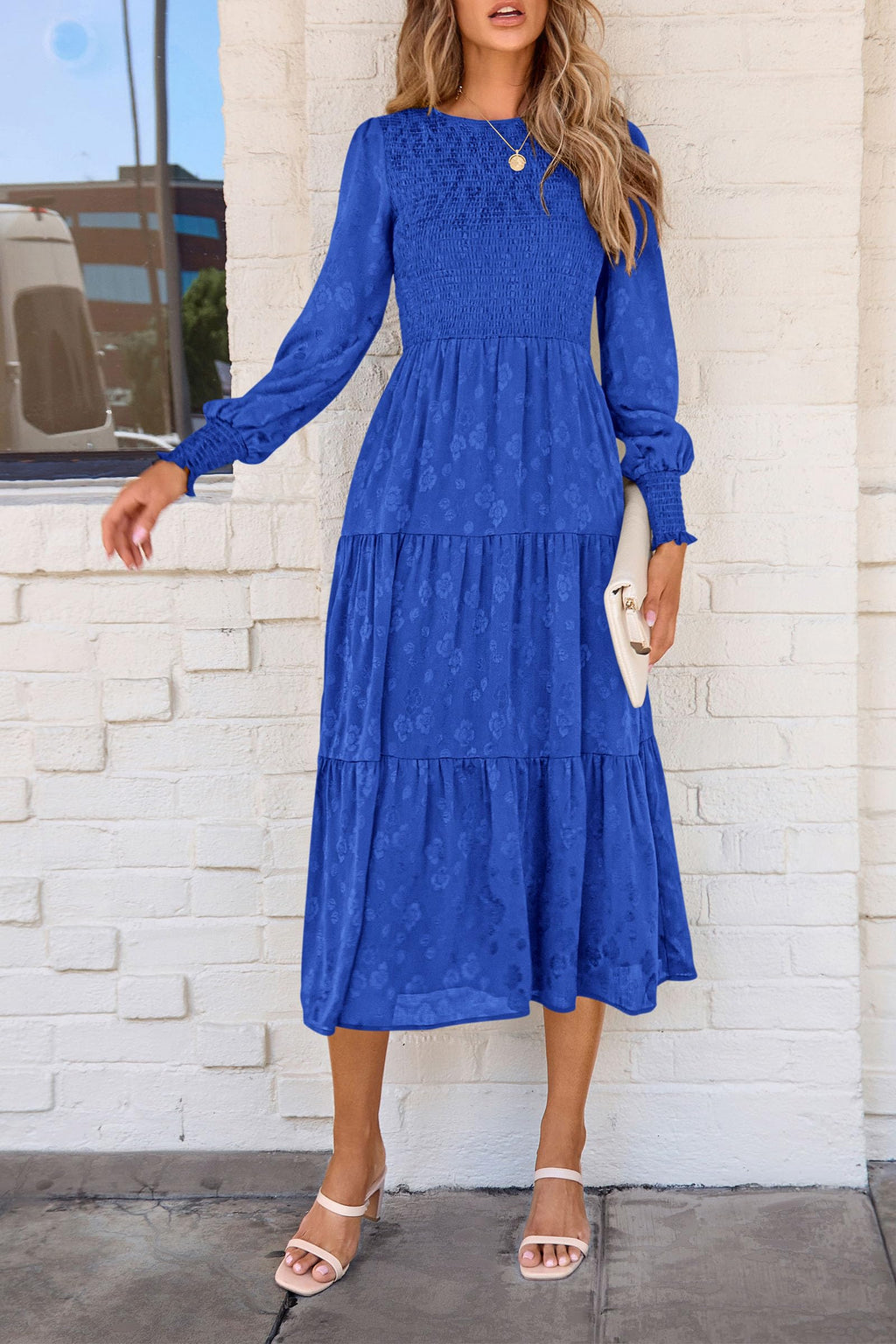 PRETTYGARDEN Women's Fall Spring Midi Dress Long Sleeve Floral Smocked Elegant Wedding Guest Long Flowy Dresses with Pockets